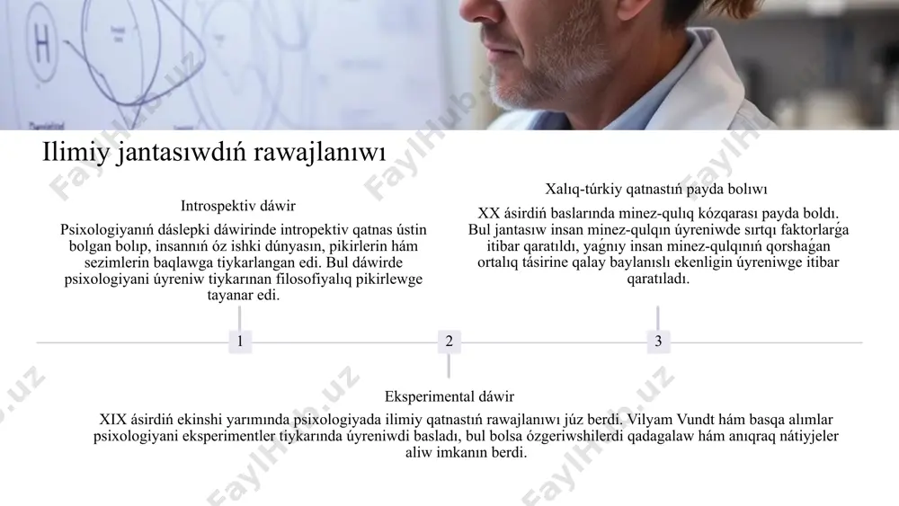ya hám biziń turmısımız bilimlendiriw psixologiya bilim beriwde oqıwshılardıń úyreniw usılların, motivaciyasın hám ruwxiy jagdayın túsiniwge járdem beredi. psixologiyalıq bilimler bilim alıw procesin nátiyjelirek etiw hám oqıwshılardıń tabısına úles qosıw ushın qollanıladı. jumıs psixologiya jumısta adamlardı basqarıw, topar nátiyjeliligin arttırıw, miynet sharayatların optimallastırıw hám xızmetkerlerdiń ruwxiy salamatlıǵın jaqsılawda qollanıladı. psixologiyalıq bilimler xızmetkerlerdiń motivaciyasın arttırıw hám kompaniyalardı nátiyjelirek etiwde áhmiyetli rol oynaydı. shańaraq hám qatnasıqlar psixologiya shańaraqta sóylesiwdi jaqsılaw, qatnasıqlardaǵı mashqalalardı sheshiw, balalardıń rawajlanıwın qollap-quwatlaw hám shańaraq aǵzalarınıń ruwxiy salamatlıǵın bekkemlewde úlken áhmiyetke iye. 6 psixologiya kásipleri kásip táriyip psixolog insan minez-qulqı hám aqılıy proceslerin úyrenetuģın qánige. olar hár qıylı tarawlarda, sonıń ishinde, bilimlendiriw, densawlıqtı saqlaw, jumıs hám sud sistemasında isleydi. psixiatr medicina boyınsha bilim alǵan qánige, ruwxıy keselliklerdi diagnostikalaw hám emlew menen shuǵıllanadı. olar dárilerdi buyırıp bere aladı hám ruwxıy keselliklerdi yemlewde hár túrli usıllardan paydalanıwadı. psixoterapevt psixologiyalıq mashqalalardı sheshiwde qarıydarlarǵa járdem beretuǵın qánige. olar hár túrli psixoterapiya usıllarınan paydalanıp, …