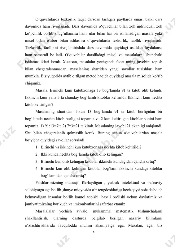 aniladigan sodda va murakkab masalalar o‘quvchilar bilimlarini mustahkamlashga xizmat qiladi. yangi texnikani joriy qilish hisobiga yoki mehnatni yaxshi tashkil qilish hisobiga mehnat unumdorligini oshirish, hukumatimizning bolalar haqida, ularning o‘qishlari va dam olishlari borasidagi g‘amxo‘rligi kabi muhim vazifalarni ularning kuchlari yetadigan materiallarda tushuntiradi. boshlang‘ich sinflarda matematika o‘qitishda matnli masalalarni yechishng ahamiyati juda kattadir. matnli masalalarni yechish jarayonida o‘quvchilar yangi matematik bilimlarni egallaydilar va bu bilimlarni turmushda qo‘llash ko‘nikmalarni va malakalarni hosil qiladilar. masala ustida ishlash uning mazmunini o‘zlashtirishdan boshlanadi. o‘quvchilar ham o‘qish malakasiga ega bo‘lmagan dastlabki vaqtlarda ularni o‘qituvchi o‘qib beradigan masala matnini tinglashga, shartning muhim elementlarini tovush chiqarib ajratishga o‘rganish lozim. masalani ifodali o‘qishda sonli ma'lumotlar masalani yechish uchun muhim ahamiyatga ega. masalalarni yechish orqali ularning tarbiyaviy ahamiyatiga ham e'tibor qaratmoq darkor. masalalar tabiat va jamiyat taraqqiyotiga xizmat qiladi. qurilayotgan zavod va fabrikalarning joylashgan o‘rni, ishlab chiqarish hajmi, mahsulotlarning sarflanish miqdori, yetishtirilayotgan qishloq xo‘jaligi mahsulotlari va ularning realizatsiyasi, bunyod etilayotgan …