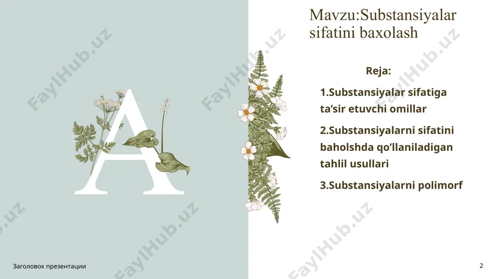 ich q6a da yo‘riqnomalarida yom ularning zaharliyligi, farmakologik faolligi, kunlik maksimal dozasi, qabul qilish davomiyligiga qarab kiritiladi. agar yom miqdori belgilangan me’yordan yuqori bo‘lsa, uni nazorat etish talab etiladi. agar uning miqdori >0,10% va kunlik maksimal dozasi >1,0 mg bo‘lsa, u faqat identifikatsiya qilinadi. ” “ 5 agar yom miqdori belgilangan >0,15% yoki kunlik maksimal dozasi >1,0 mg bo‘lsa, unda u faqat kvalifikatsiya qilinadi, ya’ni yom ning biologik havfsizligi yoki belgilangan me’yordagi yom larning profilini belgilovchi umumiy zaharliylik, genotoksik sinovlar, klinik muhim qo‘shimcha ta’sirlari to‘g‘risida ma’lumotlar olinadi va baholanadi. заголовок презентации 6 6 yom me’yorini aniqlash va o‘rnatish mezonlari 7 “unspecified impurity” – monografiyasida individualno ko‘rsatilmagan va uning miqdori umumiy me’yor bilan belgilanadi. masalan, “har qanday yot modda”, “har qanday boshqa yot modda”, “boshqa yot moddalar”, “har qanday dog‘” va b. “other detectable impurities” – kimyoviy tuzilishi aniq muayyan yot moddalar. ularni aniqlash usuli monografiyada keltiriladi (jadval) va miqdori belgilangan …