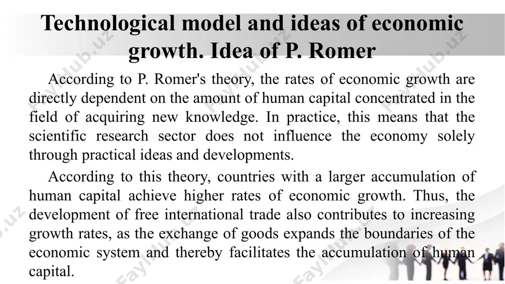 education. the rate of economic growth quality is directly influenced by the level of human capital development in the field of innovation creation. that is, scientific research and experimental development affect the economy not only directly but also through new practical innovations and ideas. without focusing too much on the mathematical specifics of endogenous economic growth quality models, we summarize the key conclusions derived from them: restricting the creation and accumulation of knowledge will inevitably reflect in macroeconomic indicators, leading to a decline in the intellectual capital potential accumulated in scientific research and experimental development. not only scientific and technological progress (stp) but also the formation and utilization of knowledge serve as key factors in investment demand, contributing to the development of human potential. technological model and ideas of economic growth. ideas of w. nordhaus one of the scholars who advanced the theory of endogenous economic growth to a higher …