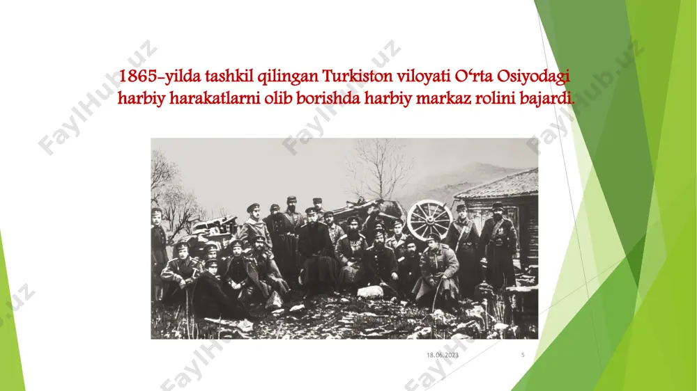 lgan. masjid tasarrufidan tashqarida, xususiy shaxs ixtiyorida bo‘lgan yerlar ham davlat solig‘iga tortiladigan bo‘ldi. 18.06.2023 33 vaqf hujjatlarini e’tirof etish, vaqf daromadlarining to‘g‘ri ishlatilishi ustidan nazorat qilish va ularni taftish qilish huquqi viloyat ma’muriyati ixtiyoriga o‘tkazildi. bu vaqtgacha vaqf mulkidan olingan daromadlar maktablar, madrasalar va masjid binolarini ta’mirlashga, xodimlarini moddiy ta’minlashga, diniy marosimlarni bajarishga, kerakli buyumlar olishga (gilam, joynamoz, diniy kitob) va boshqa tadbirlarga sarflanar edi. 18.06.2023 34 vaqf mulklarini nazorat qilish mustamlakachi hukumat vakillari qo‘liga o‘tishi bilan masjidlar va maktablarning moddiy ahvoli yomonlashdi. 18.06.2023 35 mustamlakachi hukumat bu bilan mahalliy din peshvolari, ulamolar va diniy muassasalarga zarba berishga harakat qildi. rossiyaning o’rta osiyoga ko’chirilish siyosati 18.06.2023 36 rossiya imperiyasi tomonidan o‘rta osiyoni imperiyasining ajralmas bir qismiga aylantirish va o‘lkada doimiy hukmron bo‘lib qolish maqsadida sibir va kavkaz hududlaridagidek mustamlakachilik siyosati olib borildi. ko‘chirish siyosati bilan shug‘ullanish o‘lka ma’muriyati zimmasiga yuklatilgan. ko‘chib kelganlarga katta imtiyozlar berilgan. 18.06.2023 37 jumladan, ular …