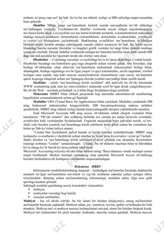 lki mb ning boshqa joyida saqlanadi, bu xolat foydalanuvchiga bilinmasligi mumkin. sonli maydon (chislovoe pole)-haqiqiy sonlarni saqlashga mo،ljallangan. sana/vaqt maydoni (pole data/vremya) - kalendar, sana va joriy vaqtni saqlovchi maydon. pulli maydon (denejnoe pole)- pul mablag’larning sonlardagi qiymati saqlanadigan maydon, undagi ma’lumotlar sonli maydon ma’lumotlaridan pullarga xos xususiyatlari borligi bilan farq qiladi va pulga oid amallarni bajarishda foydalanuvchiga yanada qulaylik tug’diradi. hisobchi maydon (schetchik)- qaydlarni tartib bilan raqamlash uchun ishlatiladigan sonlar maydoni. ole ob’ekti maydoni (pole ob’ekta ole)- bog’lash va joriy etish (l&e) texnologiyasi bilan o’rnatiluvchi ob’ektlarning yorliq yoki ko’rsatgichlarini saqlashga mo’ljallangan tabiiy maydon. tabiiyki, bunday ob’ektlar mb fayli tarkibida, biroq baza jadvalidan boshqa joyda saqlanadi. gipermurojaat maydoni (pole “giperssыlka”) – internet web-ob’ektlarining url manzillarini saklashga mo’ljallangan maxsus maydon. undagi kaydlar gipermurojaatlardan iborat. urniga kuyish ustasi (master podstanovok) – bu ob’ektni sozlash tufayli klaviaturadan emas, sichkoncha yordamida ma'lumotlarni yoyiluvchi ro’yxatdan tanlab olish yo’li bilan maydonga ma’lumotlar kiritishni avtomatlashtirish mumkin. mbbt …