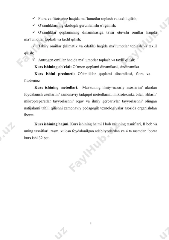 il topadi, ular quyidagilar: daraxtlar qatlami (yuqori qatlam): eng baland o‘simliklar, ko‘pincha o‘rmonlarda uchraydi. bu qatlam quyosh nurini ko‘proq qabul qiladi va boshqa qatlamlarni soyaga oladi. butalar qatlami (o‘rta qatlam): daraxtlar ostida o‘sadigan o‘rta balandlikdagi o‘simliklar. o‘tlar qatlami (pastki qatlam): yerdagi past o‘sadigan o‘tlar, moxlar va lichinkalar. yashil qoplama: tuproq yuzasini qoplagan o‘tlar va moxlar.funktsional tarkib fotosintez qiluvchi o‘simliklar: asosiy energiya manbai bo‘lib, quyosh nurini qabul qilib, oziq moddalar ishlab chiqaradi. azot fiksatsiya qiluvchi o‘simliklar: masalan, leguminozlar, ular tuproqni azot bilan boyitadi.tuproqni mustahkamlovchi o‘simliklar: tuproq eroziyasini oldini oladi va suvni ushlab turadi. genetik va ekologik xilma-xillik o‘simliklar qoplamida turli genetik xususiyatlarga ega turlar mavjud bo‘lib, ular ekologik sharoitlarga moslashgan. bu xilma-xillik ekotizimning barqarorligi va moslashuvchanligini ta’minlaydi. o‘zaro munosabatlar o‘simliklar o‘rtasida raqobat, simbioz, allelopatiya kabi munosabatlar mavjud. bu munosabatlar o‘simliklar qoplamining tarkibini va tuzilishini shakllantiradi. o‘simliklar qoplami tarkibi — bu turli o‘simlik turlarining yig‘indisi bo‘lib, ularning qatlamli tuzilishi, ekologik va genetik …