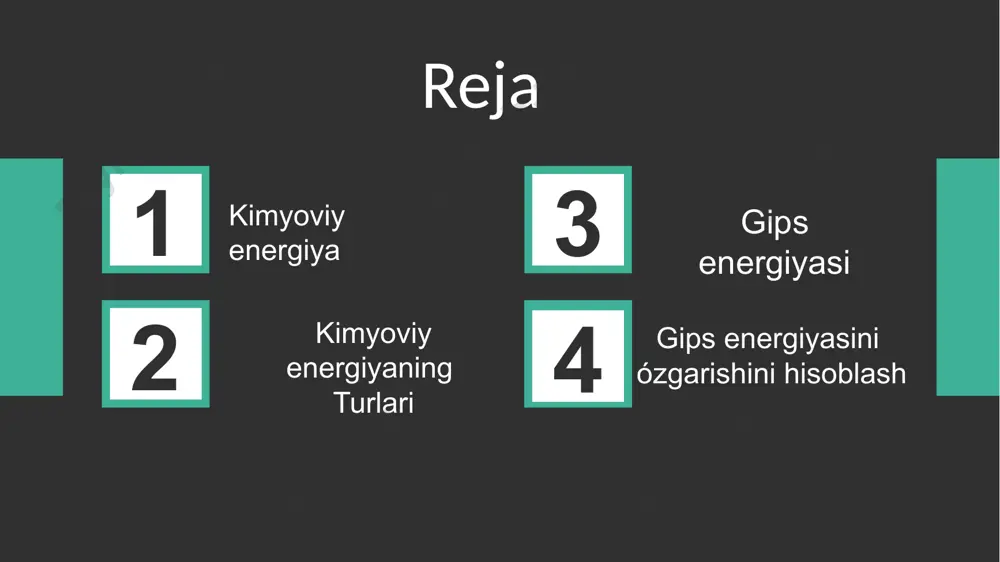 —tra, reaksiya paytidagi hajm oʻzgarishi va boshqalarga ham bogʻliq. add title add your words here endotermik ekzotermik endotermik reaksiyalar — issiqlik yutilishi bilan boradigan kimyoviy reaksiyalar. yuqori trada azot va kislorodning oʻzaro kimyoviy taʼsiri natijasida azot oksid hosil boʻlishi jarayoni. endotermik reaksiyalarga misol boʻla oladi. rudalardan metallarni qaytarib ajratib olish reaksiyasi, quyosh nuri energiyasini yutishga asoslangan oʻsimliklar fotosintezi ham endotermik reaksiyalarga taalluqli. molequlalarning erkin atomlarga boʻlinish reaksiyalari endotermik reaksiyalar asosida amalga oshadi. add title add your words here kimyoviy energiyaning turlari 3 gips energiyasi 3-reja gibbs energiyasi gips energiyasi (yoki gips potentsiali) kimyoviy reaksiya jarayonida energiyaning o'zgarishini ko'rsatadigan miqdordir. gips energiyasining klassik ta'rifi ifodasi: g = u + pv - ts, bu yerda u - ichki energiya, p - bosim, v - hajm, t - mutlaq harorat, s - entropiya. gipsning energiyasi va kimyoviy jarayon qobiliyati: gips energiyasining o'zgarish tabiati jarayonning mumkin yoki imkonsiz ekanligini aniqlashga yordam beradi. jarayonning asosiy …