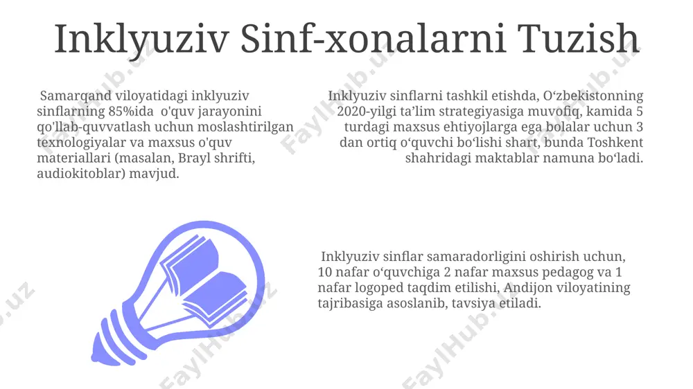 shaharlarda joylashgan. maxsus ehtiyojli bolalarning 30% ga yaqini, psixologik-pedagogik tekshiruv natijalariga ko'ra, o'qish va yozish qobiliyatlarida og'ishlarga ega, bu esa inklyuziv ta'limning individual yondashuvini talab qiladi. qiyinchiliklar va to'siqlar 2023-yilgi tadqiqotlarga ko'ra, toshkent shahridagi maktablarning 55%ida inklyuziv ta'limga moslashtirilgan infrastruktura (maxsus jihozlar, rampalar) yetarli emas. moliyaviy resurslarning yetarli emasligi va malakali mutaxassislar (psixologlar, defektologlar)ning 30% dan kamroq qismi viloyatlarda ishlashi, inklyuziv ta'lim sifatiga salbiy ta'sir qiladi. o'zbekistonning 10 ta viloyatida maxsus ehtiyojli bolalar uchun 20 dan kam o'quv markazi mavjudligi, bu ta'limning geografik jihatdan teng taqsimlanmaganligini ko'rsatadi. farqlarni qadrlash va hurmat qilish jahon sog'liqni saqlash tashkiloti ma'lumotlariga ko'ra, 1000 tadan ortiq bolaning 15 foizi turli xil maxsus ehtiyojlarga ega, shuning uchun ularning individual farqlarini qadrlash va hurmat qilish muhim ahamiyat kasb etadi. o'zbekistonning 10 dan ortiq viloyatida inklyuziv sinflar faoliyat yuritadi, bu yerda 50 dan ziyod o'qituvchi farqlarni hurmat qilish va teng imkoniyatlar yaratish tamoyillariga rioya qilgan holda ishlaydi. farqlarni …