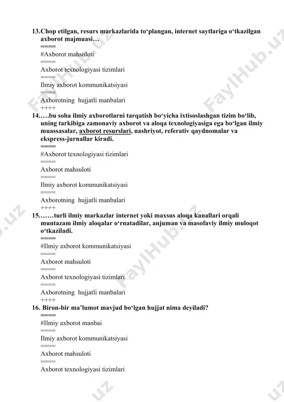 zatish ob’ektining mohiyatini yoritish ==== #tushuntirish ==== guruhlashning maqsadi ==== tavsiflashning maqsadi ==== ilmiy tavsiflash ++++ 25. ….bashorat gipotezalarni tekshirish yo‘llari orqali amalga oshiriladi ==== #oldindan aytib berish ==== tushuntirish ==== guruhlashning maqsadi ==== tavsiflashning maqsadi ++++ 26. kishilarning maqsadga yo‘nalgan, ongli, tashkillashtirilgan faoliyati nima deb ataladi? ==== #amaliyot ==== gipoteza ==== bashorat ==== ehtiyoj ++++ 27. …bu kishi faoliyatini belgilovchi umumiy boshlang‘ich maqsad bilan bog‘langan va muayyan maqsadga erishiga yo‘naltirilgan qoidalarning to‘plami ==== #konsepsiya ==== gipoteza ==== divergensiya ==== prognoz ++++ 28. tadqiqot predmeti chegaralarini kengaytirish nima deb ataladi? ==== #divergensiya ==== konsepsiya ==== gipoteza ==== prognoz ++++ 29. ….bu muammoni o‘zgartirish va uni keyingi tadqiqotlar va u bilan amaliy ishlash uchun eng maqbul, tadqiqot ehtiyojlari va maqsadlariga eng yuqori darajada javob beruvchi ko‘rinishda taqdim etish ==== #transformatsiyalash ==== divergensiya === konsepsiya ==== gipoteza ++++ 30. transformatsiyalash prinsiplari: ==== #barcha javoblar to’g’ri ==== tasniflash, siljitish ==== cheklovlar, o‘zaro ta’sir …
