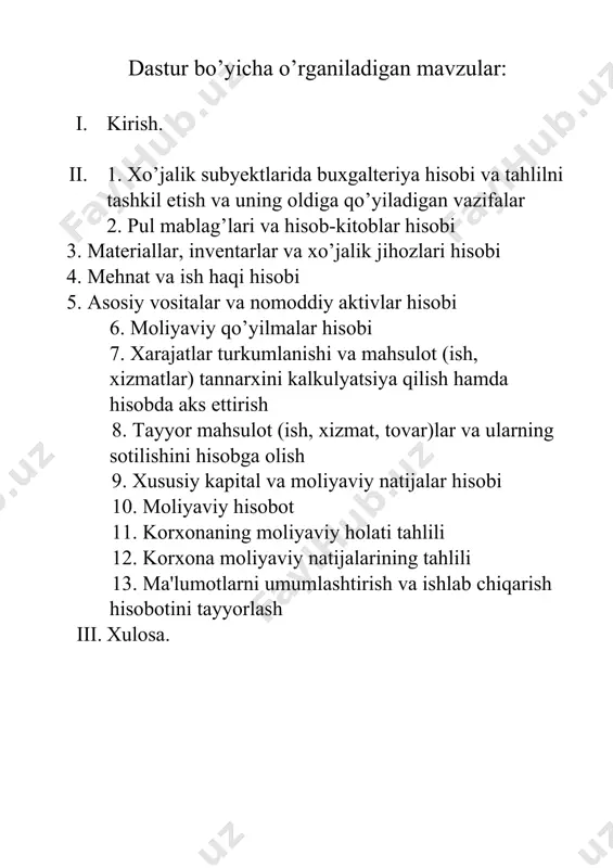 ishlar tabiyki korxonalar faoliyatidagi o’zgarishlarga turtki bo’ldi va shu tufayli bu o’zgarishlarni ob’ektiv aks ettiruvchi, to’g’ri baholovchi moliyaviy va boshqaruv hisobiga ehtiyoj paydo bo’ldi. yangi hisob tizimini ishlab chiqish mobaynida xalqaro hisobning ko’pgina standart va tamoyillari hisobga olindi. shu nuqtai nazardan, xalqaro amaliyotni o’rganib chiqish hozirgi vaqtda ahamiyatlidir. buxgalteriya hisobini jahon standartlariga moslab yuritish, rivojlangan bozor sharoitidagi mamlakatlarning sub’ektlarida yuritilayotgan buxgalteriya hisobi uchun zarur bo’lgan eng asosiy tamoyillarini respublikamiz xo’jalik yurituvchi sub’ektlarida joriy etish hozirgi kun talabidir. islohotlarning izchil olib borilishi mamlakatimizda hisob tizimini xalqaro standartlariga moslashtirilishiga imkon berdi. ishlab chiqarish amaliyoti o’zbekiston respublikasi prezidentining 2017 yil 27 iyuldagi “oliy ma’lumotli mutaxassislar tayyorlash sifatini oshirishda iqtisodiyot sohalari va tarmoqlarining ishtirokini yanada kengaytirish chora-tadbirlari to’g’risida”gi pq-3151-son qarori, o’zbekiston respublikasi oliy va o’rta maxsus ta’lim vazirligining “o’zbekiston respublikasi oliy o’quv yurtlarida talabalarning ishlab chiqarish amaliyoti to’g’risidagi” nizom asosida o’tkaziladi. amaliyot dasturi 5230900 – “buxgalteriya hisobi va audit” bakalavriat yo’nalishi uchun malaka talabi, …
