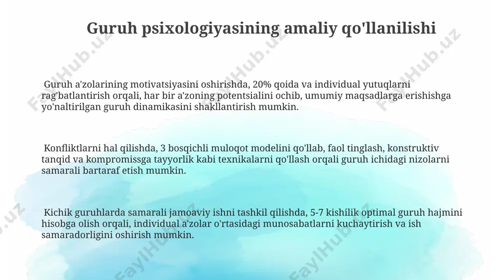h fikrlash (groupthink) kabi hodisalar, ayniqsa kichik, yaxshi birlashgan guruhlarda, bir xil fikrlashga moyillikni va muqobil fikrlarni inobatga olmaslikni keltirib chiqarishi mumkin. kichik guruhlar ichidagi rol va maqomlar aniq taqsimlanishi, masalan, lider, muloqotchi, yoki mutaxassis kabi, guruhning samaradorligiga sezilarli ta'sir ko'rsatadi. kichik guruhlarda, odatda 3 dan 15 gacha a'zo bo'ladi, bu ularning o'zaro ta'sirini va guruh koheziyasini kuchaytiradi, lekin o'ta katta hajmdagi guruh qaror qabul qilish jarayonini sekinlashtirishi mumkin. guruh bosimi va konformizm guruh bosimi, aschning klassik tajribalarida ko'rsatilganidek, 75% ishtirokchilar kamida bitta noto'g'ri javob berishga majbur bo'lgan. bu konformizmning kuchli ta'sirini namoyish etadi. minoritetlarning ta'siri, guruh ichidagi 1-2 kishining qat'iy pozitsiyasi, 30% gacha konformizm darajasini kamaytirishi mumkin, shuni ko'rsatadiki, bir ovozdan bo'lmaganlik muhimdir. konformizmga moyillik, individualistik madaniyatlarda nisbatan past, kollektivist madaniyatlarda esa yuqori bo'ladi. bu madaniy omillar guruh bosimiga bo'lgan munosabatni belgilaydi. kichik guruh tushunchasi kichik guruh dinamikasi o‘zaro bog‘liqlik, qo‘llab-quvvatlash va raqobat kabi 3 ta asosiy jarayonni o‘z …