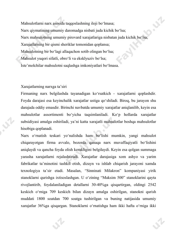 hlab chiqarish jarayonidagi samarasiz xarajatlarni aniqlash juda sinchkov taxlilni talab etadi. mahsulot xususiyatlarining narx bilan bog‘liqligi mahsulotlarning uchta asosiy xususiyatlari narx belgilash vaqtida hisobga olinishi kerak: 1. joylashtirish o‘rni; 2. mahsulot hayot sikli bosqichi; 3. yolg‘iz mahsulot yoki mahsulot liniyasining bir qismi ekanligi. joylashtirish. mahsulot narxi uning bozordagi joylashtirilishiga qarab o‘zgarishi kerak. masalan, wall street journal o‘tkazgan tadqiqotda iste’molchilardan eng zo‘r va elegant marka nomini aytish so‘ralgan va natijada eng obro‘li markalar nomi aniqlangan (7.1-jadval). bu markalar eksklyuziv mahsulotlar bo‘lib, ularning narxlari raqobatchilarnikiga nisbatan juda yuqori etib o‘rnatiladi. ko‘plarining xususiyatlari yoki sifati boshqa markalardan farq etmasada, ularning imiji joylashtirishda asosiy o‘zgaruvchi bo‘lib xizmat qiladi. bunga teskari ularoq, “bik” ruchka ishlab chiqaruvchi kompaniyasi esa o‘z mahsulotlarini eng arzon narxlarda sotadi, ya’ni ruchkalarning joylashtirilishi ularning past narxlariga e’tiborni kuchaytirib, ko‘p iste’molchilarni o‘ziga jalb etishga qaratilgan. 7.1-jadval. eng obro‘li markalar mahsulot kategoriyasi 1-o‘rin 2-o‘rin erkaklar kiyimi келвин клейн (18%) пьер карден (10%) ayollar …
