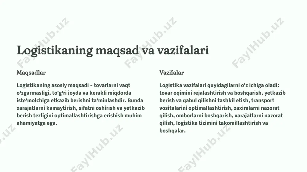 shyo va materiallarni yetkazib berishni ta'minlash, inventarizatsiyani o'tkazish va zaxiralarni boshqarish. jihozlar ishlab chiqarish va transport jihozlarini ta'minlash, ularning texnik holatini nazorat qilish va texnik xizmat ko'rsatishni tashkil etish. ishchi kuchi malakali ishchi kuchi bilan ta'minlash, ularni o'qitish va ularning ishlashiga rahbarlik qilish. moliyaviy resurslar logistika jarayonlari uchun zarur bo'lgan moliyaviy resurslarni ta'minlash va ularning samarali sarflanishini nazorat qilish. transport-saqlash jarayonlarini boshqarish transport transport vositalarini tanlash, yuk tashish yo'llarini rejalashtirish, transport xarajatlarini optimallashtirish va yuklarni xavfsiz yetkazib berishni ta'minlash. saqlash omborlarni rejalashtirish va boshqarish, inventarizatsiyani o'tkazish, zaxiralarni optimallashtirish va ombor xo'jaligini yaxshilash. zaxiralarni boshqarish talabni aniqlash xaridorlarning talabini tahlil qilish va kelajakdagi talablarni bashorat qilish. yetkazib berish muddatini nazorat qilish yetkazib berish muddatlarini optimallashtirish va zaxiralarni talabga mos ravishda boshqarish. xarajatlarni optimallashtirish zaxiralarni saqlash va boshqarish xarajatlarini minimallashtirish, zaxiralarni optimallashtirish. ombor xo'jaligini boshqarish 1 joylashtirish tovarlarni omborda samarali joylashtirish, inventarizatsiyani o'tkazish va zaxiralarni optimallashtirish. 2 saqlash tovarlarni xavfsiz va to'g'ri …