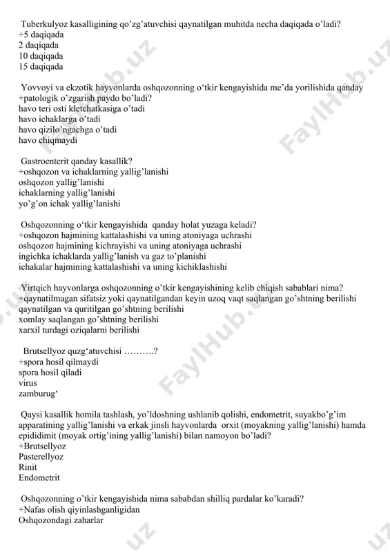 g’lanish va gaz to’planishi ichakalar hajmining kattalashishi va uning kichiklashishi yirtqich hayvonlarga oshqozonning o’tkir kengayishining kelib chiqish sabablari nima? +qaynatilmagan sifatsiz yoki qaynatilgandan keyin uzoq vaqt saqlangan go’shtning berilishi qaynatilgan va quritilgan go’shtning berilishi xomlay saqlangan go’shtning berilishi xarxil turdagi oziqalarni berilishi brutsellyoz quzg‘atuvchisi ……….? +spora hosil qilmaydi spora hosil qiladi virus zamburug‘ qaysi kasallik homila tashlash, yo’ldoshning ushlanib qolishi, endometrit, suyakbo’g’im apparatining yallig’lanishi va erkak jinsli hayvonlarda orxit (moyakning yallig’lanishi) hamda epididimit (moyak ortig’ining yallig’lanishi) bilan namoyon bo’ladi? +brutsellyoz pasterellyoz rinit endometrit oshqozonning o’tkir kengayishida nima sababdan shilliq pardalar ko’karadi? +nafas olish qiyinlashganligidan oshqozondagi zaharlar sifatsiz oziqalar kam xaraktlanishdan yovvoyi hayvonlarda oshqozonning o’tkir kengayishi kasalligini davolash usuli qanday? +zond yuborish vitaminoterapiya antibiotikoterapiya fizioterapiya kasallik qo‘zg‘atuvchisi parvoviridae oilasining dnkgenomlik virusi, tuzilishi oddiy, ikosayedr shakliga ega, diametri 20 25 nm. bu qaysi kasallik qo‘zg‘atuvchisi ga xos? +aleut aueski qutirish psevdomanoz aleut kasalligiga qaysi hayvonlar ko‘proq moyil +norkalar quyonlar parranda sayg’oq aleut …