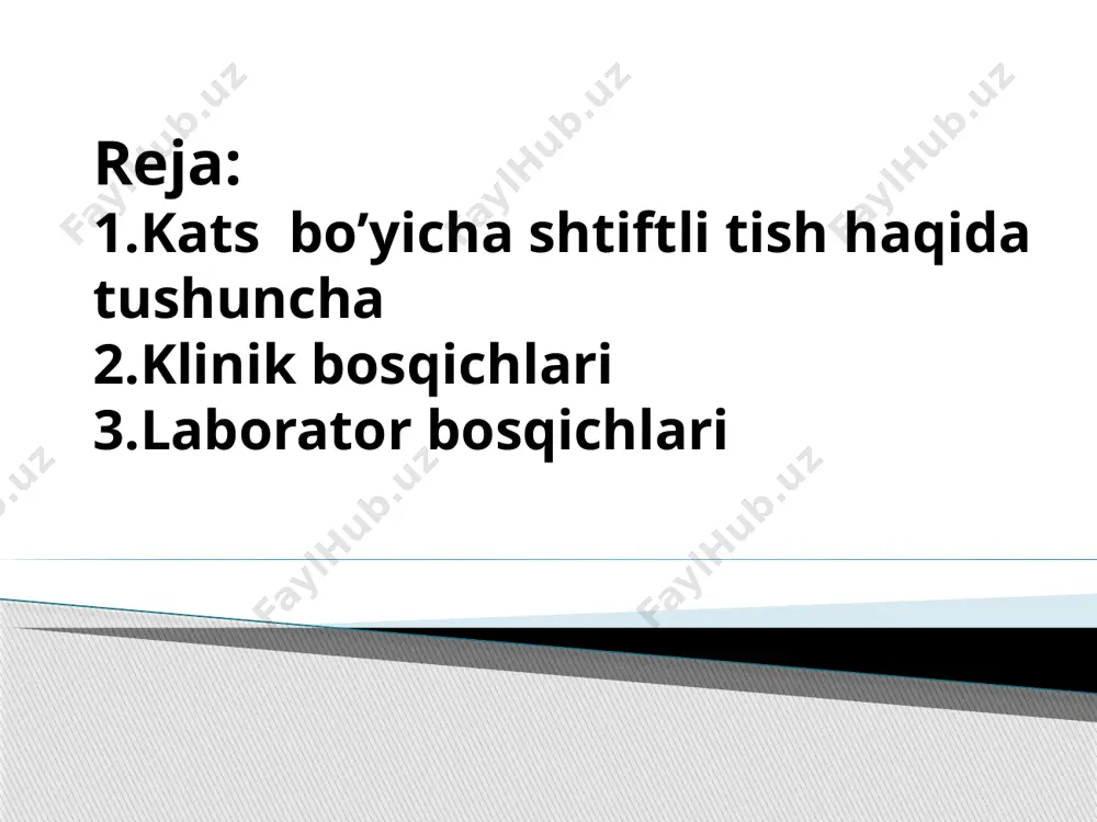 1/3 qismi ya’ni apikal qismi devorlarni yupqalashtirmasdan ochiladi -ildiz kanaliga shtift qo’yib ko’riladi(kanaldan 5-6 mm chiqib turishi kerak) -yarim halqa shtift bilan birga ildiz kanaliga kiritiladi,keyinchalik qaytadan sement bilan qotiriladi -chinni yoki plastmassadan yasalgan koronka(faqat vestibulyar tarafdan) asosga mahkamlanadi bemorga ikkinchi qatnovda o’rnatiladi 1-2 soatgacha ovqatlanish mumkin emas. image1.jpeg image2.png image3.png image4.png image5.png image6.png image7.png image8.png image9.png image10.png image11.png