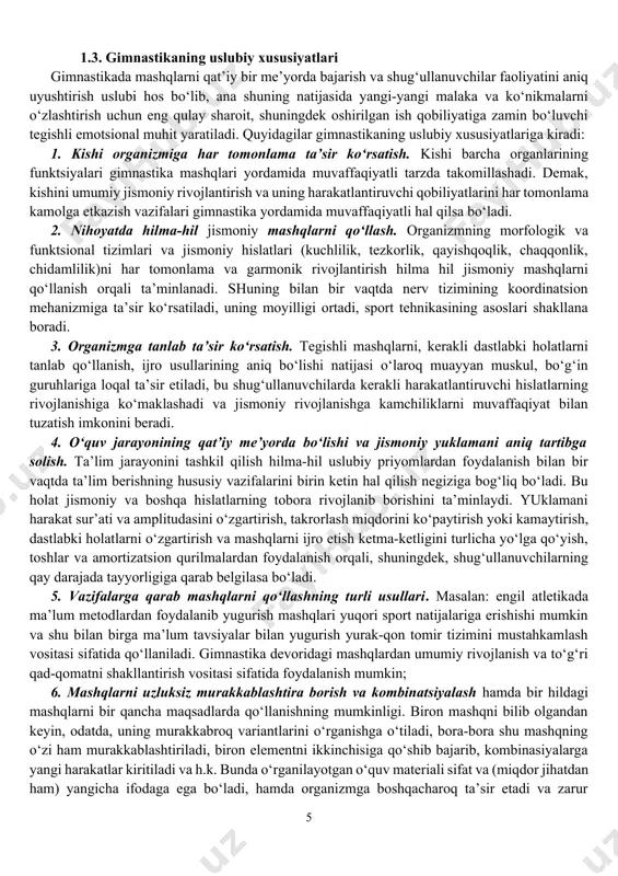 di. erkin mashqlar buyumlarsiz (sport gimnastikasida) va qo‘lga turli buyumlar olib (o‘quv maqsadlarida badiiy gimnastikada va gimnastikachilarning ommaviy chiqishlarida) ijro etiladi. erkin mashqlarining kompleks harakterda ekanligi, ayniqsa ular ko‘p martalab takrorlanganda; ulardan kishi organizmi funktsional imkoniyatlarini, ya’ni ishga yaroqliligi qobiliyati va tayyorgarligini oshirish maqsadida ham foydalanish imkonini beradi. 7. akrobatika mashqlari statik holatlarni ham o‘z ichiga oladigan muvozanat saqlash mashqlarini birlashtiradi. ular turli kontingentlar bilan o‘tkaziladigan mashg‘ulotlarda kuch, chaqqonlik, epchillikni, reaktsiya tezligi, fazoda mo‘ljal olishni rivojlantirish uchun, shuningdek, vestibulyar apparatni mashq qildirish uchun keng qo‘llaniladi. akrobatik mashqlar ikki guruhga bo‘linadi: a) dinamik (dumalok oshishlar, tuntarilishlar, sal’to); b) statik (tor yulakcha gilamda muvozanat ushlash, tik turish, piramida). ko‘pgina statik va dinamik akrobatik mashqlar sport gimnastikasining zamonaviy erkin mashqlarining asosiy mazmuni bo‘lib, snaryadlar ustida mashqlarni o‘rganishda etakchi sifatida qo‘llaniladi. erkin mashqlarida yakka akrobatik mashqlardan foydalaniladi - elka kuraklarida, boshda, qo‘llarda turish, ko‘priklarda, shpagatlar va akrobatik sakrashlarda, snaryadlarda esa turli sal’tolar, siltanishlar, tuntarlishlar, …