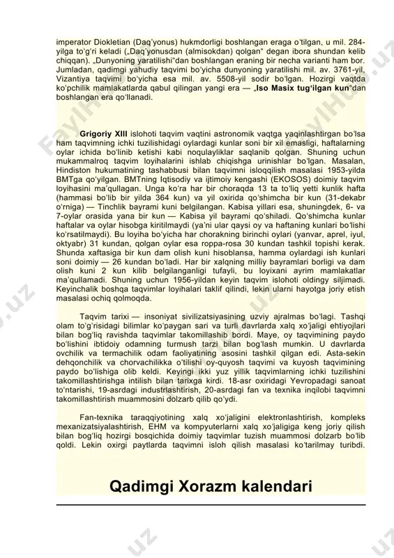 taqvim ham qoʻllanadi. unda xronologiya hijrat kunidan boshlanadi, ammo yil uzunligi quyosh taqvimi boʻyicha hisoblanadi. yil boshi sifatida bahorgi teng kunlik — navroʻz kuni, oylar esa burjlar bilan deyarli ustma-ust tushadi. ayrim sharq mamlakatlarida ham yil, ham oy asosiy birlik boʻlgan oy-quyosh taqvimlari qoʻllanadi. taqvim tarixida umar xayyom taklif qilgan islohot ham ahamiyatga molik. u oʻsha davrda amalda boʻlgan taqvimlar bilan tanishib, ulardagi kamchiliklardan xoli boʻlgan quyosh taqvimini ishlab chiqqan va saljuqiylar sultoni jaloliddin malikshoh tomonidan joriy ham qilingan (yulian taqvimi boʻyicha 1079-yil 15 martda). ammo sulton vafotidan (1092-yil) keyin amal qilinmay qolib ketgan. umar xayyom taqvimida har 33 yildan 8 tasi: 4, 8, 12, 16, 20, 24, 28 va 33-yillar kabisa yil boʻlgan. bunda bir yil oʻrtacha 365+8/33=365,242424 kunga teng boʻlib, tropik yildan atigi 19,7 sekundga farq qiladi. umar xayyom taqvimini amaldagi taqvimlar ichida eng sodda va anigʻi deyish mumkin. qadimdan turli xalqlar turlicha taqvimlar va xronologiya tizimlaridan foydalangani …