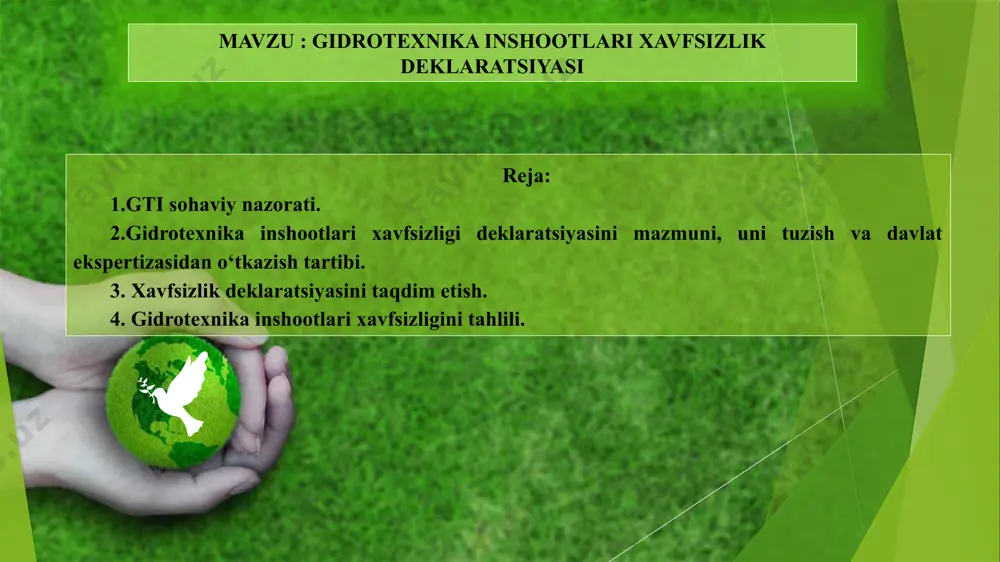 larning to‘liqligi va aniqligi, gidrotexnika inshootlari xavfsizligini ta’minlashga qaratilgan chora-tadbirlarning yetarliligi va bu chora-tadbirlarning me’yor va qoidalarga mos kelishi, gidrotexnika inshootlari ishlashining xavfsizlik darajasini aniqlash maqsadida amalga oshiriladi. «davsuvxo‘jnazorat qoidalari» ga ko‘ra o‘zbekenergodak, o‘zbekiston respublikasi transport, tabiiy resurslar, qishloq va suv xo‘jaligi vazirliklari o‘z nazoratida bo‘lgan ob’ektlardagi gidrotexnika inshootlarini xavfsizligi deklaratsiyasini tuzishni tashkil etadilar. xavfsizlik deklaratsiyasi kapitalligi bo‘yicha i, ii, va iii sinf bo‘lgan hamda avariya sodir bo‘lganda tfv keltirib chiqaruvchi va katta zarar keltiradigan iv sinf gidrotexnika inshootlari uchun tuzilishi lozim. ushbu qoidaga ko‘ra, gidrotexnika inshootlari xavfsizligi bo‘yicha nazorat organi o‘zbekiston respublikasi fuqaro mudafaasi ishlari, favqulodda vaziyatlar va tabiiy ofat oqibatlarini bartaraf etish vazirligi (fvv) bilan hamkorlikda, xavfsizlik deklaratsiyasi mazmun-mohiyatiga qo‘yiladigan talablarni va inshoot vazifasi, sinfi, konstruksiyasi, ekspluatatsiya qilish sharoitlari va xavfsizlikka qo‘yilgan maxsus talablarga bog‘liq holda uni tuzish uslubini belgilab beradi. xavfsizlik deklaratsiyasini taqdim etish inshootni ekspluatatsiya qilish uchun ishga tushirish, gidrotexnika inshootlarini ekspluatatsiya qilish, ularni qayta qurish, …