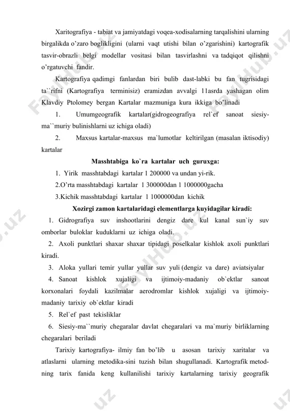 lar makolalar darsliklar kullanmalar yaratilishiga olib keldi. ta-rixiy xaritalarda tarixiy jaraenlar vokea-xodisalar tarixiy davrlarni xarakterlovchi jaraenlar shuningdek geografik okibatlar kursatib utiladi. umumiy tarixiy xaritalar bu jaraenlarni yanada tulikrok kursatishga ochib berishga xarakat kiladi. tarixiy xaritalarning turli xillari buladi tari-xiy-iktisodiy tarixiy-siesiy tarixiy-etnografik arxeologik milliy ozodlik xarakati buyicha xaritalar dexkonlar kuzgoloni inkilobiy xarakatlar xarbiy-tarixiy madaniyat tarixi buyicha va boshka xaritalar kiradi. ukuv-tarixiy xaritalar urta va oliy mak-tablarda ukitilaetgan tarixiy davrlarga mos buladi. tarixiy kartografiyaning rivojlanishi xar doim ta-rixiy geografiyaga boglik bulib kelgan 1579 yili a orteliy geografik atlasga uchta tarixiy xaritadan iborat kushimcha tuzdi. a orteliyning bu kushimchasi keyinchalik 1603 yili 38 ta xaritadan iborat bulgan antik davrning geografik atlasining tuzilishiga olib keldi. xvii asrning ikkinchi yarmida frantsuz geograflari sanson va dyuval` atlaslarida xam tarixga oid xa-ritalar bulimi bor edi. xiii asr oxirida frantsuz kartografi j b anvil` tomonidan tayerlangan tari-xiy xaritalar bosilib chikdi. a orteliydan tortib to xix asr oxiriga kadar …