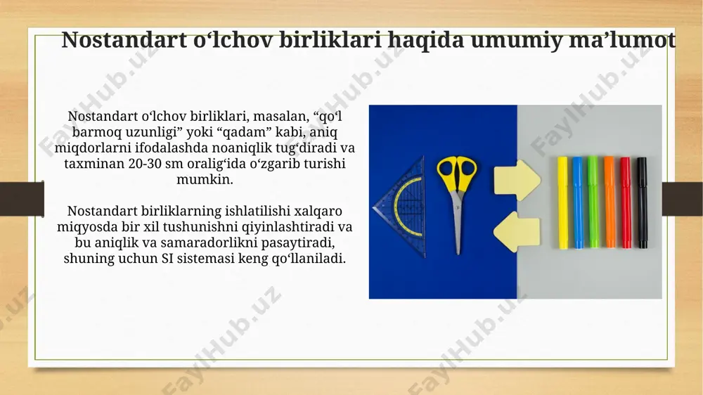 nostandart o'lchovlar, masalan, qo'l barmoqlari yoki qadamlar kabi, kamida 20% ga kamayishi, aniq va takrorlanuvchan raqamli o'lchovlarning ustunligi sababli kutilmoqda. nostandart oʻlchovlarning hozirgi zamindagi qoʻllanilishi nostandart oʻlchov birliklari, masalan, "qoʻl barmoqlarining eni" yoki "oyoq uzunligi" kabi, baʼzi anʼanaviy hunarmandchilik va qishloq xoʻjaligida 2023-yilda ham 5% ga yaqin aniqlik bilan qoʻllanilmoqda. qurilishda, xususan, uy-joylarni qurishda, "qadam", "tana boʻyi" kabi birliklar 3 dan 7% gacha hollarda taxminiy oʻlchamlarni belgilashda qoʻllanilishi kuzatiladi. nostandart oʻlchovlarning noqulay tomonlari nostandart oʻlchovlarning noaniqligi hisob-kitoblarning xatolikka yoʻl qoʻyish ehtimolini 20% ga oshirishi mumkin, bu esa loyihalarni bajarishda katta muammolarga olib kelishi mumkin. turli sohalarda, masalan, qurilishda yoki tibbiyotda, nostandart oʻlchovlarning qoʻllanilishi xalqaro hamkorlikni murakkablashtiradi va 5-10 baravar koʻproq vaqt talab qilishi mumkin. turli mamlakatlardagi nostandart oʻlchovlar ba'zi qishloqlarda bug'doy yoki guruch miqdorini aniqlashda "chovgan" deb ataluvchi, taxminan 10-12 litr sigʻimga ega boʻlgan nostandart idishdan foydalaniladi. oʻzbekistonda, paxta terimida "qoʻl" deb ataluvchi nostandart oʻlchov hali ham qoʻllaniladi, bu taxminan …