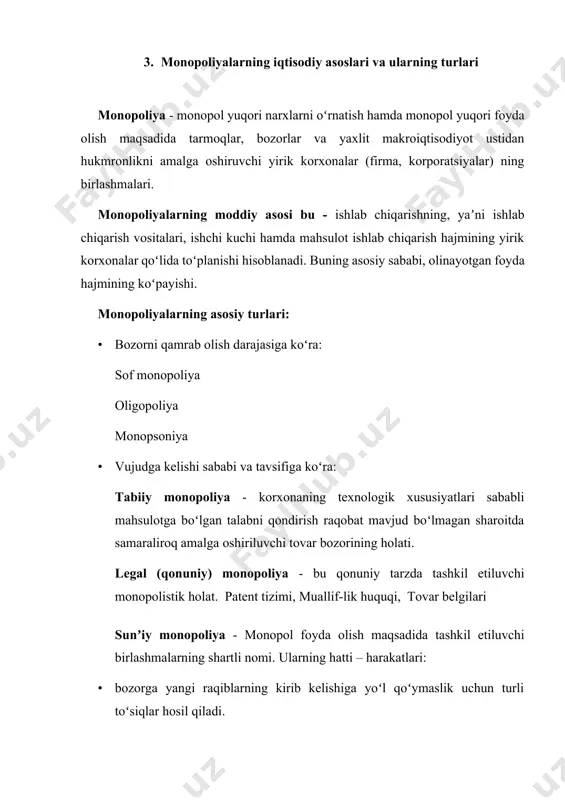 rni davlat reestriga kiritish mezonlari agar korxona ishlab chiqargan muayyan mahsulotlar bozordagi shu turdagi mahsulotning oziq – ovqat mahsulotlari uchun 20%, boshqa tovarlar uchun 35% idan ortiq boʻlsa, bu korxona monopolistik korxona sifatida davlat reestriga kiritiladi. oʻzbekistonda “monopol faoliyatni cheklash toʻgʻrisida”gi qonun (1992-yil, avgust) kuchga kiritildi hamda uning asosida raqobatchilikni rivojlantirishga qaratilgan bir turkum meʼyoriy hujjatlar ishlab chiqildi. mazkur qonunga koʻra, bozorda ataylab taqchillik hosil qilish, narxlarni monopollashtirish, raqobatchilarning bozorga kirib borishiga toʻsqinlik qilish, raqobatning gʻirrom usullarini qoʻllash man etiladi. oʻzbekiston respublikasi oliy majlisi tomonidan 1996-yil 27-dekabrda “tovar bozorlarida monopolistik faoliyatni cheklash va raqobat toʻgʻrisida”gi yangi qonun qabul qilindi. ushbu qonun monopolistik faoliyat va gʻirrom raqobatning oldini olish, uni cheklash, toʻxtatishning tashkiliy va huquqiy asoslari belgilab berib, respublikaning tovar bozorlarida raqobat munosabatlarini shakllantirish va samarali amal qilishini taʼminlashga qaratilgan. /docprops/thumbnail.emf raqobatning turlari va usullari reja: 1. raqobatning mohiyati 2. raqobatning turlari va usullari 3. monopoliyalarning iqtisodiy asoslari va ularning turlari …