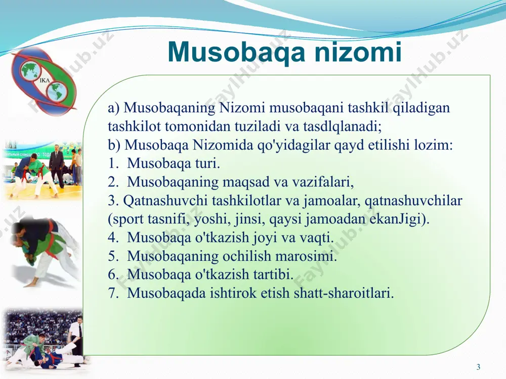 din hamkamlar hay'atining majlisini o'kazadi; i) musobaqa davomida har kuni musobaqalardan so'ng hakamlar ay'ati, murabbiylar, jamoalar vakillari bilan birgalikda shu kungi musobaqaning natijalarini va hisobotini ko'rib chiqadi, kamchilik va nuqsonlarni o’z huquqi va imkoniyat i doirasida bartaraf qiladi; j) agar zururiyat bo'lib qolsa, hakamlar hay'ati majlisini har qanday vaqtda o'tkazishi muinkin; k) hakamlarning musobaqaga tayyorgarligini va musobaqa jarayonin i baholab boradi; l) musobaqadan keyin uning qay darajada taslikil qilinganligi va o'tkazilganligi haqida yozma hisobot bayonini to'ldirib, tegishli tashkilotga topshiradi. obrazets teksta vtoroy uroven tretiy uroven chetvertiy uroven pyatiy uroven 9 bosh hakam huquqlari: 10 eslatma: bosh hakam kurash qoidasini bekor qilishi yoki o'zgaitirishlar kiritishi mumkin emas. obrazets teksta vtoroy uroven tretiy uroven chetvertiy uroven pyatiy uroven 10 a. musobaqa o'tkazish inshooti, anjomlari va gilamlar tayyorlanmagan bo’lsa, musobaqa o'tkazishni ta'qiqlash va boshqa muddatga ko'chirishni mumkin; b. musobaqa jarayonida, uni yuqori saviyada o'tkazishga halaqit beradigan hol yuzaga kelib qolsa, musobaqani vaqtincha to'xtatib …