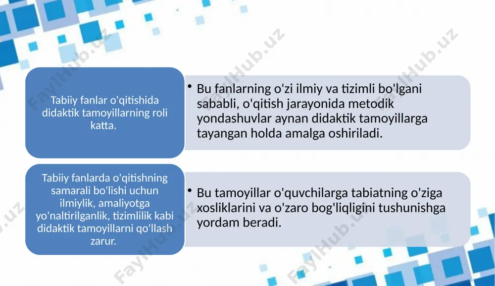 da amaliy mashqlar va tajribalar sonini ko'paytirish zarur. xulosa tabiiy fanlar o'qitishida didaktik tamoyillarning ahamiyati katta. ilmiylik, tizimlilik, faoliyat yondashuvi va amaliy yondashuvlar tabiiy fanlar o'qitish jarayonining samaradorligini oshiradi. didaktik tamoyillarni darsliklarda to'g'ri qo'llash o'quvchilarning bilim va ko'nikmalarini samarali rivojlantirishga yordam beradi. biroq, darsliklarda ba'zi kamchiliklar mavjud bo'lib, ularni takomillashtirish orqali o'quvchilarning faolligini oshirish mumkin. darsliklarni yanada interfaol va amaliyotga yo'naltirilgan qilish uchun yangi pedagogik texnologiyalar va yondashuvlar qo'llanishi zarur. foydalanilgan adabiyotlar: asosiy adabiyotlar akhmedov, b. (2021). tabiiy fanlar o'qitish metodikasi. toshkent: o'qituvchi. ismoilov, x. (2019). boshlang'ich ta'lim va tabiiy fanlar. toshkent: fan va texnologiya. rasulov, s. (2020). tabiiy fanlar o'qitishning asosiy tamoyillari. toshkent: ta'lim va innovatsiyalar. internet saytlari: www.edu.uz – o'zbekiston respublikasi ta'lim vazirligi rasmiy sayti, ta'lim metodikasi va yangi pedagogik yondashuvlar haqida ma'lumotlar. www.ziyonet.uz – o'zbekiston ta'lim tizimi, darsliklar va ta'lim jarayoniga oid onlayn platforma. image2.jpeg image3.png image4.png image1.png /docprops/thumbnail.jpeg