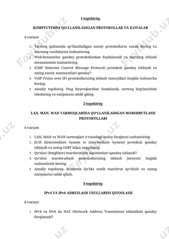 ant 1. klient-server modelining uch darajali arxitekturasi (3-tier architecture) qanday ishlaydi? 1. peer-to-peer tarmoqlarda ma’lumotlarning tarqalish usullari qanday? 1. klient-server tizimlarida yuklama balansirovkasi qanday amalga oshiriladi? 1. p2p tarmoqlarda ishlatiladigan markazlashtirilgan indekslash va taqsimlangan indekslash usullari qanday? 1. amaliy topshiriq: virtual mashinalar yoki docker yordamida klient-server arxitekturasi asosida kichik tarmoq loyihasini ishlab chiqing. 5-topshiriq: tarmoqlarni dasturiy va apparat ta’minoti xavfsizligi 4-variant 1. iot (internet of things) qurilmalarining xavfsizlik muammolari va ulardan himoyalanish usullari qanday? 1. tarmoq xavfsizligi protokollari (ipsec, wpa3, ssl/tls) qanday ishlaydi? 1. zero trust security (ishonchsiz xavfsizlik modeli) nima va qanday ishlaydi? 1. dasturiy ta’minotdagi xakerlik hujumlari va ularni aniqlash usullari qanday? 1. amaliy topshiriq: metasploit yoki kali linux yordamida tarmoq xavfsizligidagi zaifliklarni tekshirish bo‘yicha tajriba o‘tkazing (faqat ruxsat berilgan test muhiti ichida). mustaqil ish javoblari 1-topshiriq 4-varitant 1. tarmoq qatlamida qo‘llaniladigan asosiy protokollar va ularning vazifalari: tarmoq qatlamida bir nechta asosiy protokollar mavjud, ularning har biri o'ziga …