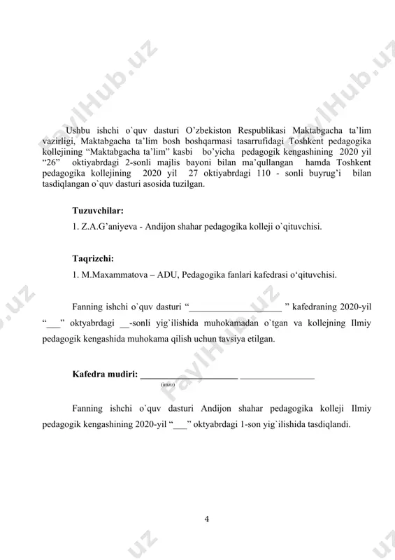 axborot texnologiyalarni qo’llashda fanni o’zlashtirish uchun omil bo’ladigan zamonaviy axborot texnologiyalarning ahamiyati va o’rni beqiyosdir. o’quv jarayonini sifatli tashkil etish maqsadida axborot texnologiyalaridan foydalanish o’quvchilarning kasbiy tayyorgarligini oshirish va kasbiy ko’nikmalarini rivojlantirishda ham muhim omil bo’lib hisoblanadi. ta’lim metodlarini tanlashda har bir darsning didaktik vazifasidan kelib chiqib,yondoshish maqsadga muvofiqdir. buning uchun dars oqilona tashkil etilishi, pedagog tomonidan ta’lim oluvchilarning qiziqishi o’rganilib, ta’lim jarayonida faolligi muttasil ta’minlanishi, o’quv materialini kichik-kichik bo’laklarga bo’lib, ularning mazmunini ochib berishda har bir uslubdan o’z o’rnida foydalanish, ta’lim oluvchilarni amaliy mashqlarni mustaqil bajarishga undash talab etiladi. ana shunday faol ta’lim uslublaridan biri ”case study” hisoblanadi. yana fanni o’tishda “tarmoqlar”, “sinkveen”, “hamkorlikda o’qitish”, “bbb”, “moychechak metodi”, “baxs munozara”, “davra suhbati”, kabi texnologiyalardan, shuningdek ,audio, video, kompyuter texnikasidan foydalaniladi. ii. “mttda ta’lim-tarbiyaviy jarayonni va rivojlanish markazlaridagi faoliyatlarni tashkil etish” o’quv amaliyotidan namunaviy dastur asosida tuzilgan ishchi dastur soatlarining taqsimlanishi. i-bosqich. № fanning bo`limlari va mavzular nomi umumiy yuklama, …