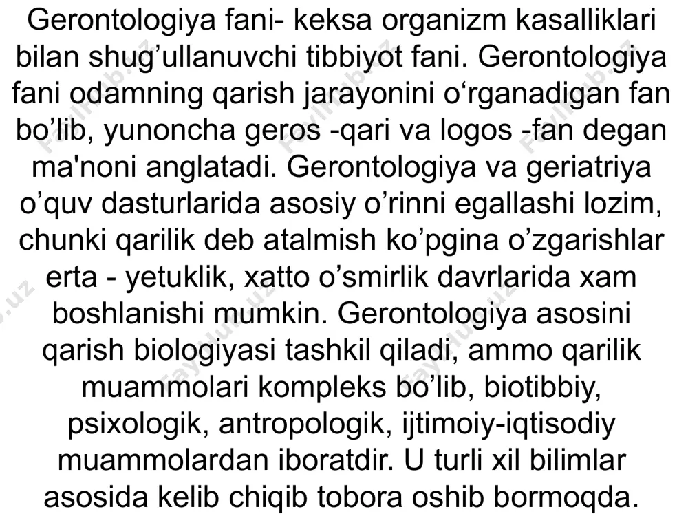 agi kishilar gigienasini o’rganadigan fandir. 4.gerontopsixologiya – keksalar psixikasi va fe'l-atvorini o’rganadigan fandir. 5.gerodietika – keksaygan kishilar ovqatlanishi va uning xususiyatlarini o’rganadigan bo’limdir. xar yili qariyalar soni yer yuzida 2,4% ga ko’paymoqda. uning sababi: axolini ijtimoiy-iqtisodiy xolatining, xamda gigienik sharoitning yaxshilanganligidadir. ayrim ma'lumotlarga ko’ra 2020 yilga kelib keksa va qariyalar soni 1 mlrd.ga yetishi mumkin.qarilik – organizmda yoshning ulg‘aya borishi bilan ro‘y beradigan tabiiy o‘zgarishlarning yakuniy bosqichidir. qarish jarayonlarida organ va to’qimalardagi o’zgarishlarga tashqi muxit ta'sir qiladi. qarilikdagi o’zgarishlar fiziologik jarayon bo’lib, ko’pchilik olimlar fikriga ko’ra birlamchi kasallik xisoblanmaydi, lekin organizmning funksional qobiliyatining cheklanishiga va tashqi zararli omillarga chidamliligining pasayishiga olib keladi. bundan tashqari qarish biologik parchalanuvchi jarayon bo’lib, bunda organizmning moslashish qobiliyati cheklana borib, turli patologik o’zgarishlar rivojlanadi va o’lim muqarrarligi tezlashadi. 4. qariya organizmni o’ziga xos xususiyatlari ko’p xujayrali murakkab organizmlar umri davomida anatomik, balki funksional jixatdan xam ma'lum bir o’zgarishlarni boshdan kechiradi. bu o’zgarishlar yoshi o’tgan sari …