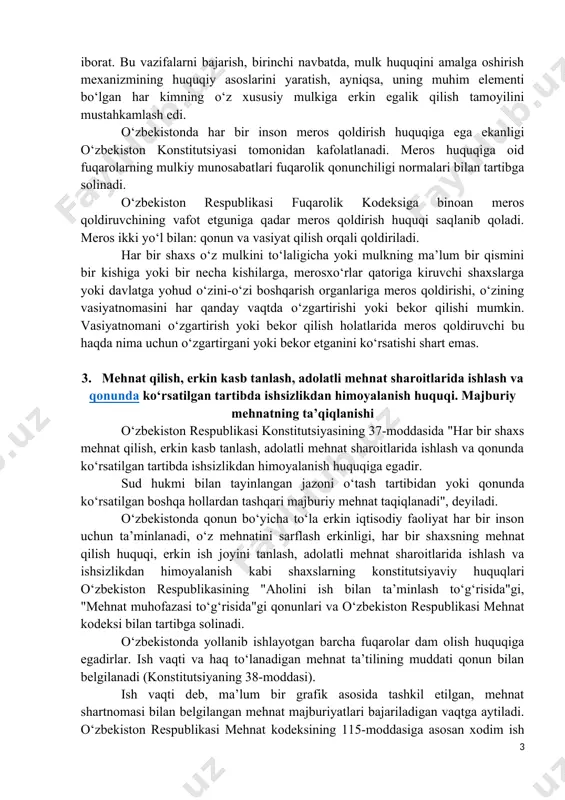 angan. mulk huquqi har kimning o‘ziga tegishli bo‘lgan mol-mulkka bo‘lgan o‘z xohishiga ko‘ra, o‘z manfaatini ko‘zlab egalik qilish, foydalanishi va tasarruf etishini anglatadi. o‘zbekistonda har bir shaxs mulkdor bo‘lishga haqli. bankka qo‘yilgan omonatlar sir tutilishi va meros huquqi qonun bilan kafolatlanadi. bozor iqtisodiyoti asosida rivojlangan mamlakatlar tajribasi shuni ko‘rsatadiki, faqatgina iqtisodiy jihatdan erkin fuqarogina haqiqiy mulk egasi bo‘lib, u o‘z mulkidan samarali foydalanishi va shu orqali mamlakat iqtisodiyotiga ijobiy ta’sir etishi mumkin. o‘zbekistonda o‘tkazilayotgan iqtisodiy islohotlarning asosiy vazifasi davlat mulkini xususiylashtirish orqali monopoliyaga chek qo‘yish va ko‘p ukladli iqtisodiyotni barpo etish, mulkni haqiqiy egasiga topshirish, mulkning barcha shakllarining rivojlanishiga bir xil shart-sharoit yaratib berish va rivojlantirishdan iborat. bu vazifalarni bajarish, birinchi navbatda, mulk huquqini amalga oshirish mexanizmining huquqiy asoslarini yaratish, ayniqsa, uning muhim elementi bo‘lgan har kimning o‘z xususiy mulkiga erkin egalik qilish tamoyilini mustahkamlash edi. o‘zbekistonda har bir inson meros qoldirish huquqiga ega ekanligi o‘zbekiston konstitutsiyasi tomonidan kafolatlanadi. meros …