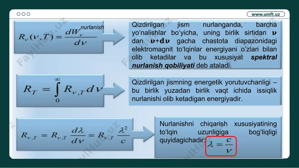 va ularga tegishli impulslar proyeksiyalari noaniqliklarining ko‘paytmasi qandaydir tartibdagi kattalikdan kichik bo‘laolmaydi. www.umft.uz geyzenbergning noaniqlik nisbati(1927-yil) noaniqliklar nisbati noaniqliklar prinsipining matematik ifodasidir. shu prinsipga asosan, hech qanday tajribada, hech qanday mukammal o‘lchash asboblari orqali bir vaqtda mikrojismlarning bir-biriga bog‘liq ikkita o‘zgaruvchi fizikaviy kattaliklartining aniq qiymatlarini o‘lchash mumkin emas. bir-biriga bog‘liq ikkita fizikaviy kattaliklar bir vaqtda ma’lum bo‘lishini ham tahmin qilib bo‘lmaydi. www.umft.uz fazoning qandaydir nuqtasida zarrachani topish jarayonida, aniq qaysi nuqtadaligi noaniqdir. fazoning surkalgan sohasida qandaydir ehtimollik bilan zarrachani toppish mumkin. www.umft.uz to‘lqin funksiya modulining kvadrati fazoning koordinatali nuqtasida, berilgan vaqtda t ≥ 0, zarrani topish ehtimoli zichligini ω aniqlaydi. to‘lqin funksiyasining ehtimollik ma’nosi (maks born 1926-yil) www.umft.uz to‘lqin funksiyasining ehtimollik ma’nosi (maks born 1926-yil) dω=dv - dt vaqt momentida dv sohada zarrachani topish ehtimolligi ω= - t vaqtda v sohada zarrachani topish ehtimolligi = - ehtimollik zichligi www.umft.uz to‘lqin funksiyasining xususiyatlari hajm elementida mikrozarrachani topish ehtimolligini belgilovchi to‘lqin funksiyasi …