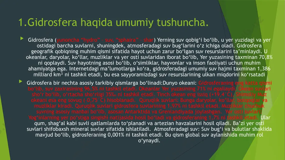 ing muhim qismi bo‘lib, yer yuzidagi suv havzalarini o‘z ichiga oladi. ular quyidagi turlarga bo‘linadi:daryolar: dunyodagi eng uzun daryo – nil (6,650 km), eng katta suv oqimi esa amazonka daryosida kuzatiladi. daryolar ichimlik suvi, sug‘orish va gidroenergetika uchun ishlatiladi.ko‘llar: chuchuk suvli ko‘llar (masalan, baykal) va sho‘r suvli ko‘llar (masalan, o‘lik dengiz) mavjud. ko‘llar gidrosferaning 0,013% ni tashkil etadi.botqoqlar: organik moddalar bilan boy bo‘lib, biologik xilma-xillikni saqlaydi.muzliklar: gidrosferadagi chuchuk suvning asosiy zaxirasi bo‘lib, asosan antarktida va grenlandiyada joylashgan. muzliklar global suv hajmining 1,97% ni tashkil etadi. quruqlik suvlari inson hayoti, qishloq xo‘jaligi va sanoat uchun muhim resurs hisoblanad. yer osti suvlari yog‘inlarning yer po‘stiga singishi yoki magmatik jarayonlar natijasida hosil bo‘ladi. ular gidrosferaning 1,7% ni tashkil etadi va quyidagi turlarga bo‘linadi:suvli qatlam suvlari: qum, shag‘al kabi o‘tkazuvchan qatlamlarda to‘planadi.artezian suvlari: suv o‘tkazmaydigan qatlamlar (gil) orasida joylashadi va bosim ostida chiqadi.geyzerlar: magmatik kelib chiqishga ega bo‘lib, issiq suv va bug‘ shaklida chiqadi. …