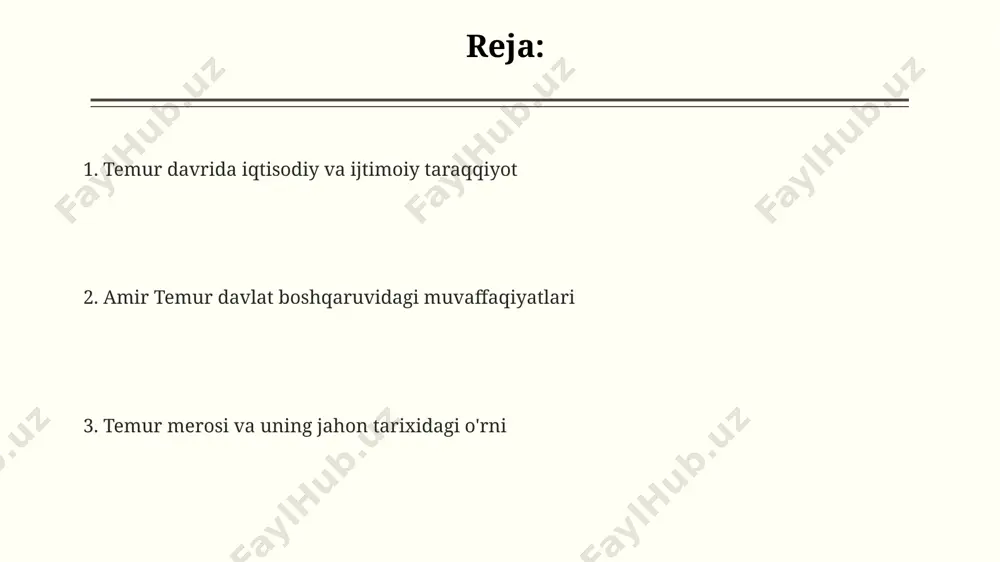 a siyosiy notinchliklar bilan o'tgan. temur 13-asr oxiri va 14-asr boshlarining siyosiy inqirozlar davrida o'sganligi, uning keyinchalik markaziy osiyoda hukmronlik qilishdagi strategiyasiga sezilarli ta’sir ko'rsatgan. ilm-fan va madaniyatning ravnaqi temur o'zining 70 yillik hukmronligi davrida 10 mingdan ortiq qo'lyozmalarni to'plagan ulkan kutubxonani yaratgan, bu esa ilm-fan rivojiga katta hissa qo'shgan. amir temur davrida samarqand 100 dan ortiq madrasalar, kutubxonalar va shifoxonalar bilan gullab-yashnagan, dunyoning turli burchaklaridan olimlarni o'ziga jalb qilgan. marg'ilon, buxoro kabi shaharlarda qurdirilgan rasadxonalar astronomiya va matematikaga oid muhim ilmiy kashfiyotlarga zamin yaratgan. suv xoʻjaligi va irrigatsiya amir temur davrida samarqand va buxoro shaharlarida 100 dan ortiq yangi ariqlar va suv omborlari qurilgan boʻlib, bu yerlarning suv ta'minoti sezilarli darajada yaxshilandi. temur davrida trans-regional suv xoʻjaligi loyihalari amalga oshirildi, masalan, sir daryo va amudaryo daryolari boʻylab 30 dan ortiq suv taqsimlash inshootlari qurdirildi. margʻilon va andijon viloyatlaridagi 5000 ga yaqin gektar yer maydoniga yangi sugʻorish tizimlari oʻrnatildi, bu …