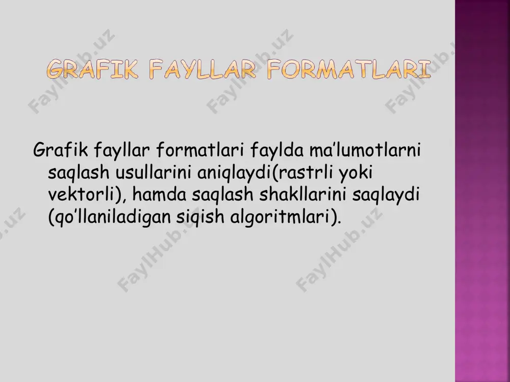 gi va tasvirni kengaytirishda katta imkoniyat mavjud. tasvirning raqamli ma`lumotlarni ifodalovchi barcha axborotlar boshqa ko’pgina format fayllari singari uning boshlang’ich qismida emas, balki maxsus bloklarda, tasvir parametrlarining ichki belgilashlarida saqlanadi. unda 45 dan ortiq turli teglar mavjud bo’lib ularning qo’llanilishi ko’pgina qo’shimcha funktciyalarni tashkil etish imkoniyatini beradi. bit map image (bmp) – bmp grafik formati windows operatsion tizimi uchun microsoft fir­ma­si tomonidan ishlab chiqarilgan. u favqulotda sodda strukturani ifoda­lay­di va uncha katta bo’lmagan piktogramma-tasvirlarning namoyish etili­shi­­­ni izohlash uchun xizmat qiladigan rastrli(nuqtali) grafik formatdir. u grafik interfeyslarda keng qo’llani­la­di. windows metafile (wmf) – windows-dasturlari uchun vektorli grafik fayllarning universal formati. coreldraw files (cdr) – vektorli grafik format bo’lib, coreldraw grafik muharririning asosiy formati hisoblanadi. photoshop document (psd) – kuchli imkoniyatli rastrli(nuqtali) grafik format bo’lib, photoshop grafik muharririning asosiy formati hisoblanadi. rle (run length encoding) – bu siqish usulida ketma-ket keldigan bir xil piksellarni qisqartirib yozish nazarda tutiladi («qizil, qizil, ..., qizil», …