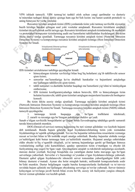 urity) bu xavfsizlik protokollari hamda shifrlash algoritmlaridan foydalangan holda tarmoq orqali xavfsiz ma’lumot almashish imkonini beradi. bu maxsus standart orqali tarmoqdagi kompyuterlarning o‘zaro aloqasida dastur va ma’lumotlar hamda qurilmaviy vositalar bir-biriga mos kelishini ta’minlaydi. ipsec protokoli tarmoq orqali uzatilayotgan axborotning sirliligini, ya’ni faqatgina yubo-ruvchi va qabul qiluvchiga tushunarli bo‘lishini, axborotning sofligini hamda paketlarni autentifikatsiyalashni amalga oshiradi. zamonaviy axborot texnologiyalarni qo‘llash har bir tashkilotning rivojlanishi uchun zaruriy vosita bo‘lib qoldi, ipsec protokoli esa aynan quyidagilar uchun samarali himoyani ta’minlaydi: · bosh ofis va filiallarni global tarmoq bilan bog‘laganda; · uzoq masofadan turib, korxonani internet orqali boshqarishda; · homiylar bilan bog‘langan tarmoqni himoyalashda; · elektron tijoratning xavfsizlik darajasini yuksaltirishda. vpn (virtual private network) virtual xususiy tarmoq sifatida ta’riflanadi. bu texnologiya foydalanuvchilar o‘rtasida barcha ma’lumotlarni almashish boshqa tarmoq doirasida ichki tarmoqni shakllantirishga asoslangan, ishonchli himoyani ta’minlashga qaratilgan. vpn uchun tarmoq asosi sifatida internetdan foydalaniladi. vpn texnologiyasining afzalligi. lokal tarmoqlarni umumiy vpn tarmog‘iga birlashtirish …