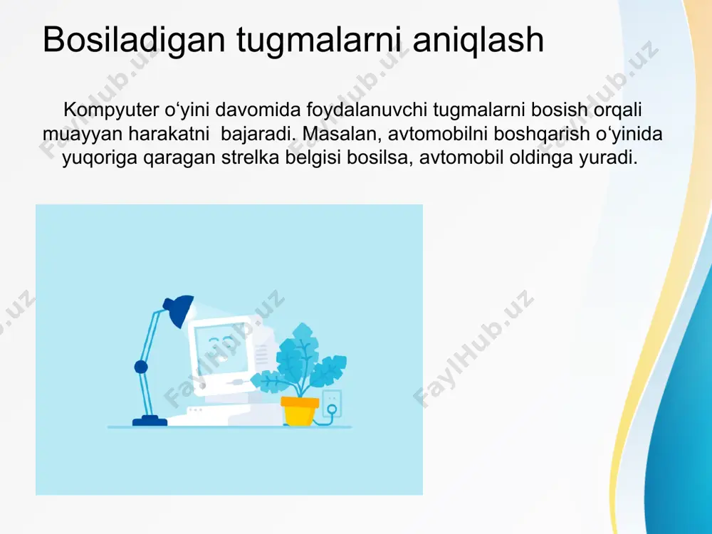 pufak tanlanganda avtomobilning oʻn qadam oldinga yurishi translyatsiyaga bir misoldir. bu amalni bajarish uchun scratchga avtomobil sprayti va pufak sprayti qo‘shiladi. amaliy mashg’ulot spraytni harakatlantiruvchi tugmalar? scratch da qanday animatsiya turlari mavjud? sprayt harakatini sekinlashtirish uchun qaysi blokdan foydalanamiz? translyatsiya nima? bitta loyihada bir nechta spraytlarni o'zgartirish mumkinmi? mavzu yuzasidan savollar: image4.gif image5.png image6.png image7.png image8.jpeg image9.jpeg image10.jpeg image11.jpeg image12.jpeg image13.jpeg image14.jpeg image15.jpeg image16.jpeg image17.jpeg image18.jpeg image2.jpeg image3.png /docprops/thumbnail.jpeg