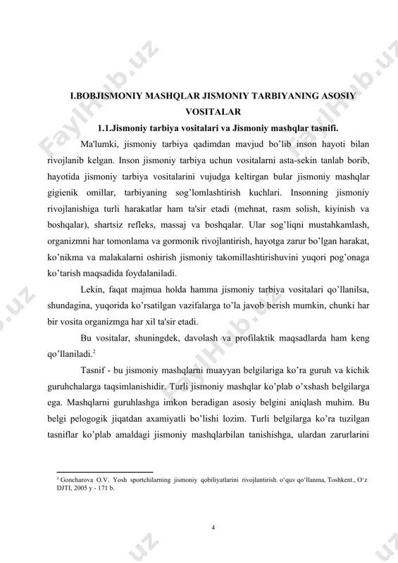 rning bo’shashga, cho’zilish va boshqalar): jismoniy yuklanishni taqsimlash imkoniyati: sport anjomlari va sport inshoatlaridan foydalanish: mashqlarni musiqa jurligida o’tkazish: mashklarning rang-barangligi. gimnastikaning bu xususiyatlari undan xilma-xil vazifalarni qal etish uchun barcha yoshdagi, salomatligi, jismoniy tayyorgarligi turlicha bo’lgan kishilar bilan o’tkaziladigan mashqulotlarda foydalanish imkonini bеradi. xarakatli o’yinlar. bu turli emotsional harakatlardan iborat murakkab faoliyatdir. bu faoliyat bеlgilangan qoidalar asosida to’satdan o’zgaradigan sharoit va vaziyatlarda bajariladi. gimnastikadan farkli ularok, o’yinlarni o’tkazishda jismoniy nagruzkalarni taqsimlash qiyin bo’ladi. harakatli o’yinlar boshqa jismoniy mashqlardan shuqullanuvchilar faoliyatini tashkil etish va boshharish xususiyatlari bilan farqlanadi. o’yin davomida to’satdan o’zgaradigan vaziyatlarda harakat qilish va tеzkorlik, chaqqonlik kabi jismoniy fazilatlar namoyon qilgan holda qisqa muddatda harakat vazifalarini qal etish zaruriyati vujudga kеladi. bu harakatlar ko’nikmalarini mustaqkamlaydi. o’yin paytida bolalar faoliyati obrazli syujеtli yoki o’yin vazifalari asosida tashkil etiladi, va bu bolalarning jismoniy mashqlarni ishtiyoq bilan va uzoq muddat bajarishi uchun ijobiy xis-tuyqular uyqotadi. bu o’z navbatida ularning organizmiga ta'sirini …
