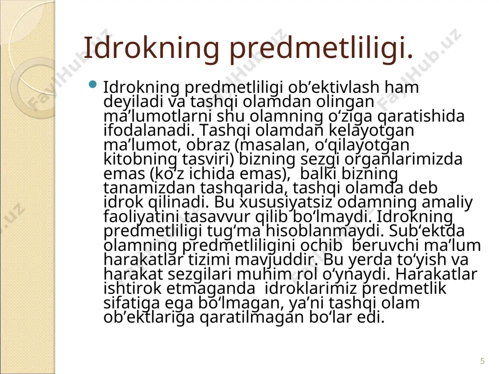oliyati qo'shiladi har bir idrok tarkibiga kishining o'tmishda hosil qilingan bilim va tajribalari kiradi. biz bunday shakl buyumlarni ilgari juda ko'p marta ko'rganmiz. ular haqida muayyan bilimlarimiz bor. shuning uchun bu shakllardagi yetishmagan joylarni o'sha bo'limlardan olib qo'shamiz va bir butun aks ettiramiz. * idrok tarkibiga xayol tasavvurlari kiradi masalan: derazadagi qirovni idrok qilib, tropik o'rmon yoki gullarga o'xshatish, kesib olingan daraxt to'nkasini idrok qilib biror yovvoyi hayvonga o'xshatish, osmondagi para-para suzib oq bulutlarni idrok qilib, to’plab kuyilgan paxtaga o'xshatish va boshqalar. * idrok tarkibiga tafakkur va nutq faoliyati kiradi. agar idrok-qilinayotgan narsa yoki hodisa biz uchun yangi notanish bo'lsa, darrov fikr yuritish faoliyati boshlanadi va "bu nima", "buning nomi nima " degan savol tug'iladi. shuningdek, har bir idrok hukm shaklida ifodalanadi. ya'ni narsa yoki hodisaga nom beriladi, uni so'z bilan aytiladi mavjud tushuncha doirasiga kiritadi. masalan: "bu gul", bu mashina, "bu kitob" va boshqalar, * . idrok jarayoniga his-tuyg'ular …