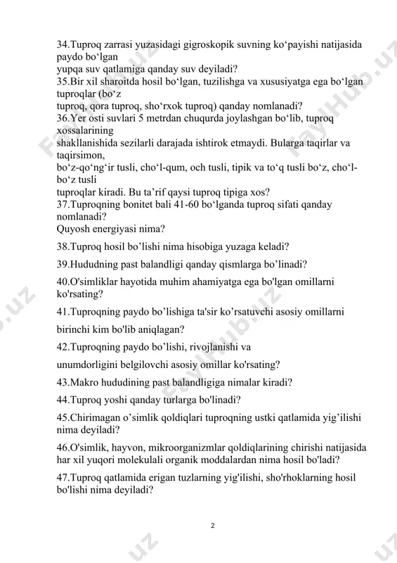 ega bo‘lgan tuproqlar (bo‘z tuproq, qora tuproq, sho‘rxok tuproq) qanday nomlanadi? 36.yer osti suvlari 5 metrdan chuqurda joylashgan bo‘lib, tuproq xossalarining shakllanishida sezilarli darajada ishtirok etmaydi. bularga taqirlar va taqirsimon, bo‘z-qo‘ng‘ir tusli, cho‘l-qum, och tusli, tipik va to‘q tusli bo‘z, cho‘l-bo‘z tusli tuproqlar kiradi. bu ta’rif qaysi tuproq tipiga xos? 37.tuproqning bonitet bali 41-60 bo‘lganda tuproq sifati qanday nomlanadi? quyosh energiyasi nima? 38.tuproq hosil bo’lishi nima hisobiga yuzaga keladi? 39.hududning past balandligi qanday qismlarga bo’linadi? 40.o'simliklar hayotida muhim ahamiyatga ega bo'lgan omillarni ko'rsating? 41.tuproqning paydo bo’lishiga ta'sir ko’rsatuvchi asosiy omillarni birinchi kim bo'lib aniqlagan? 42.tuproqning paydo bo’lishi, rivojlanishi va unumdorligini bеlgilovchi asosiy omillar ko'rsating? 43.makro hududining past balandligiga nimalar kiradi? 44.tuproq yoshi qanday turlarga bo'linadi? 45.chirimagan o’simlik qoldiqlari tuproqning ustki qatlamida yig’ilishi nima deyiladi? 46.o'simlik, hayvon, mikroorganizmlar qoldiqlarining chirishi natijasida har xil yuqori molekulali organik moddalardan nima hosil bo'ladi? 47.tuproq qatlamida erigan tuzlarning yig'ilishi, sho'rhoklarning hosil bo'lishi nima deyiladi? 48.loyqa …