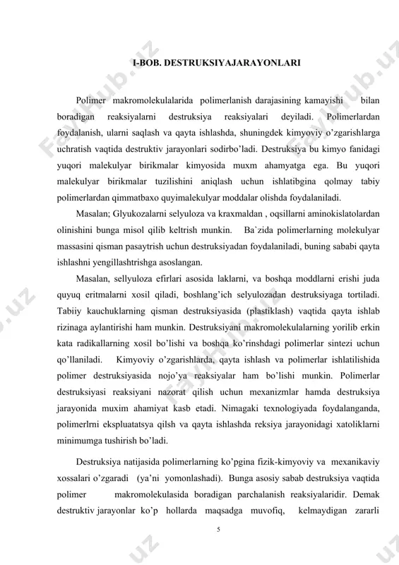juda quyuq eritmalarni xosil qiladi, boshlang’ich selyulozadan destruksiyaga tortiladi. tabiiy kauchuklarning qisman destruksiyasida (plastiklash) vaqtida qayta ishlab rizinaga aylantirishi ham munkin. destruksiyani makromolekulalarning yorilib erkin kata radikallarning xosil bo’lishi va boshqa ko’rinshdagi polimerlar sintezi uchun qo’llaniladi. kimyoviy o’zgarishlarda, qayta ishlash va polimerlar ishlatilishida polimer destruksiyasida nojo’ya reaksiyalar ham bo’lishi munkin. polimerlar destruksiyasi reaksiyani nazorat qilish uchun mexanizmlar hamda destruksiya jarayonida muxim ahamiyat kasb etadi. nimagaki texnologiyada foydalanganda, polimerlrni ekspluatatsya qilsh va qayta ishlashda reksiya jarayonidagi xatoliklarni minimumga tushirish bo’ladi. destruksiya natijasida polimerlarning ko’pgina fizik-kimyoviy va mexanikaviy xossalari o’zgaradi (ya’ni yomonlashadi). bunga asosiy sabab destruksiya vaqtida polimer makromolekulasida boradigan parchalanish reaksiyalaridir. demak destruktiv jarayonlar ko’p hollarda maqsadga muvofiq, kelmaydigan zararli oqibatlarga olib keladi. bundan destruksiya jarayonlarining hammasi zararli deb xulosa chiqarish xato bo’lar edi. ko’p hol​larda tabiiy va sintetik polimerlardan destruksiya yordamida qimmatbaho past molekulyar moddalar hosil qilish mumkin. masalan, kraxmal va sellyulozani gidrolizlab glyukoza olinadi yoki tabiiy oqsil kollagenin gidrolizlanganda …