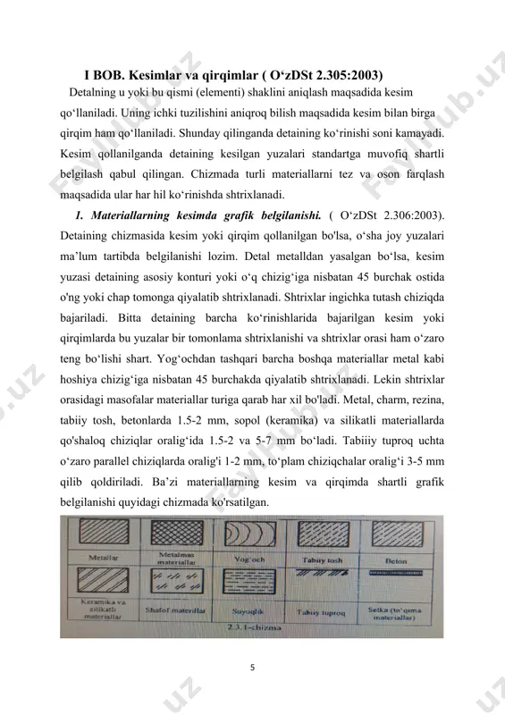 ashgan ko‘rinadigan qismlari ham qo‘shib ko‘rsatiladi. bu yerda detal p tekislik bilan qirqilib, ikkiga: a va в bolaklarga ajratilgan. fikran в bo‘lak olib qo‘yilgandan keyin a bolakning qirqilgan joyi shtrixlanadi. detaining bosh ko'rinishida ham o‘sha joy shtrixlangan. qirqimlar kesuvchi tekislik detalni teng ikki qismga ajratsa, kesuvchi tekislik izi chizmada ko‘rsatilmaydi. detalning qismidagi teshikni qirqib ko‘rsatish joiz bolsa, kesuvchi tekislik izi uzuq chiziqlar bilan ko‘rsatiladi va qirqim a-a kabi belgilanadi. kesuvchi tekislik izi uzuq chiziqlarni tasvirlash quyidagi chizmada berilgan, a harflar yo'nalishlarining detal konturiga nisbatan tashqi tomonlariga yoziladi. yo‘nalishning shakl va o‘lchamlari quyidagi chizmada ko‘rsatilgan. kesuvchi tekisliklarning proyeksiyalari tekisliklariga nisbatan egallagan vaziyatiga qarab qirqimlar uch xil: frontal, gorizontal va profil bo'ladi. bulardan tashqari, qo'shmcha tekisliklarda qiya qirqimlar ham bajariladi. ayrim hollarda mahalliy qirqimlar qo‘laniladi. 4. oddiy qirqimlar. detaining ichki tuzilishini bitta tekislik orqali ko‘rsatish mumkin boisa, bunday qirqim oddiy hisoblanadi. oddiy qirqimni hosil qilish ko‘rsatilgan bo‘lib, p ii v bol'gani uchun …
