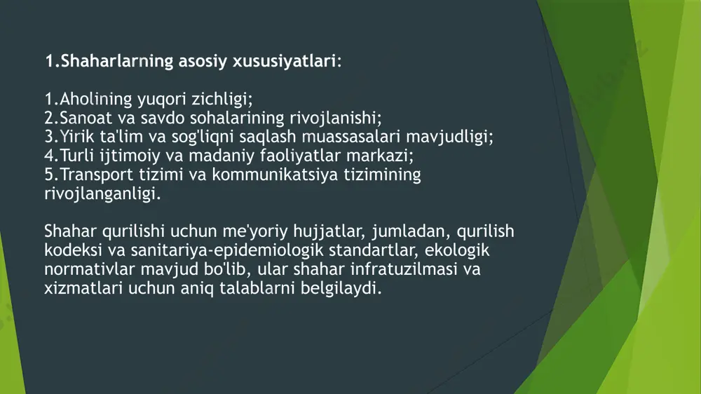 turdagi inshootlar aholi uchun uy-joy masalasini hal etishda muhim rol o'ynaydi. bu, ayniqsa, aholisi zich joylarda yoki shaharlar va yirik aholi punktlarida yashovchilar uchun muhim ahamiyatga ega. 1.2. ijtimoiy xizmatlar va infratuzilmaning rivojlanishi qurilish faoliyati ijtimoiy xizmatlar va infratuzilma tarmoqlarining rivojlanishiga sabab bo'ladi. yangi qurilayotgan hududlarda maktablar, bolalar bog'chalari, kasalxonalar, poliklinikalar, sport maydonchalari va boshqa ijtimoiy xizmatlar uchun zarur bo'lgan inshootlar quriladi. bu esa, o'z navbatida, aholi uchun qulay yashash sharoitlarini ta'minlaydi. 1.3. ish o'rinlarini yaratish qurilish jarayoni yangi ish o'rinlarini yaratish imkoniyatini ham taqdim etadi. qurilish sohasidagi ishchilar, dizaynerlar, arxitektorlar, muhandislar, qurilish materiallari ishlab chiqaruvchilar kabi ko'plab mutaxassislar zarur. shuningdek, qurilish sohasida ishlash uchun turli kasb-hunar maktablari va ta'lim muassasalari tashkil etiladi, bu esa aholi o'rtasida kasbga oid ko'nikmalarni oshiradi. 2. aholi punktlarida qurilishning iqtisodiy ahamiyati qurilish faqatgina ijtimoiy masalalarni hal qilishda emas, balki iqtisodiy jihatdan ham ahamiyatga ega. qurilish jarayonining iqtisodiy ahamiyatini quyidagi jihatlar orqali ko'rish mumkin: 2.1. …