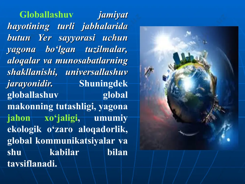 bo‘lishidan oldinroq o‘rin oldi. masalan, ijtimoiy rivojlanishga turli sivilizatsiyalarning oldinma-ketin almashishi sifatida qaragan ingliz tarixchisi a.toynbi (1889-1975) kompyuter inqilobidan ancha oldin «xx asrda umumjahon tarixi boshlandi» degan xulosaga keldi. hozirgi zamon nemis falsafasining atoqli namoyandasi k.yaspers (1883-1969) bu xususda yanada aniqroq fikr bildirdi. u 1948 yilda e’lon qilgan «tarix kurtaklari va uning maqsadi» asarida, jumladan, shunday deb yozadi: «ilk bor olamshumul ahamiyat kasb etgan bizning tarixan yangi sharoitimiz yerda odamlarning real birligidan iboratdir. zamonaviy aloqa vositalarining texnik imkoniyatlari sharofati bilan sayyoramiz insonga to‘la ochiq bo‘lgan yagona yaxlitlikka aylandi» global muammolarning mohiyati «hozirgi davrning global muammolari» tushunchasi 1960-yillar oxiri – 1970-yillarning boshlarida keng tarqaldi va shundan beri ilmiy va siyosiy muomala(leksikon) hamda ommaviy ongdan mustahkam o‘rin oldi. aksariyat hollarda u global sanalmagan voqealar va hodisalarga nisbatan qo‘llaniladigan atama sifatida ishlatiladi. bunday holga milliy va umumbashariy ahamiyatga molik voqealar tenglashtirilganida, masalan, muayyan bir mamlakatning ijtimoiy muammolarini nazarda tutib, ular «global» deb nomlangan …