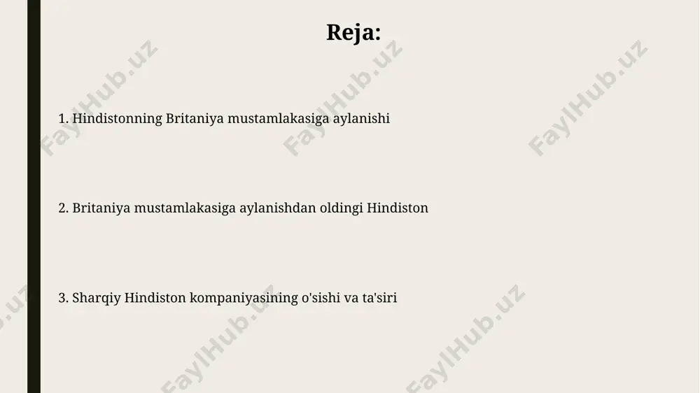 иштирок этган бўлиб, уларнинг кўпчилиги сиёсий ва ижтимоий ноадолатликка қарши курашган. britaniya sharq hindiston kompaniyasining kengayishi kompaniya oʻzining harbiy kuchini, siyosiy hiylalarini va mahalliy hukmdorlar oʻrtasidagi nizolardan foydalanib, 1700-yillarning oxiriga kelib, hindistonda boyliklarni nazorat qilishni qoʻlga kiritdi. kompaniya savdo monopoliyasi va iqtisodiy siyosati natijasida hindistonning mahalliy hunarmandchiligi va toʻqimachilik sanoati inqirozga yuz tutdi, milliy boyliklarning katta qismi britaniyaga oqib ketdi. plavkalar va janglar: britaniyaning harbiy ustunligi britaniya hindistonda katta miqdordagi professional askarlarni, shuningdek, mahalliy yordamchi qoʻshinlarni, jumladan, sipoy qoʻshinlarini saqlab turardi, bu ularga strategik afzallik berdi. 1857 yildagi hindiston qoʻzgʻoloni britaniyaning harbiy qudratini namoyish etdi, qoʻzgʻolon 100 000 dan ortiq askar bilan bostirildi. mahalliy hukmdorlar va ittifoqchilar britaniyaliklar mahalliy hukmdorlar o'rtasida "bo'lin va hukmronlik qil" siyosatini qo'llab, taxminan 500 ga yaqin kichik knyazliklarni nazorat ostiga olganlar. mahalliy hukmdorlar, britaniya sharqiy hindiston kompaniyasi bilan 1757-yildagi plassi jangidan keyin, o'z hududlarini himoya qilish evaziga subventionlar va boshqa imtiyozlar olishgan. e'tiboringiz uchun rahmat …