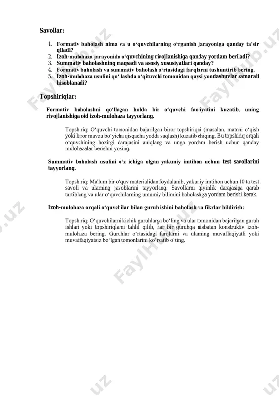 kichik guruhlarga bo‘ling va ular tomonidan bajarilgan guruh ishlari yoki topshiriqlarni tahlil qilib, har bir guruhga nisbatan konstruktiv izoh- mulohaza bering. guruhlar o‘rtasidagi farqlarni va ularning muvaffaqiyatli yoki muvaffaqiyatsiz bo‘lgan tomonlarini ko‘rsatib o‘ting.