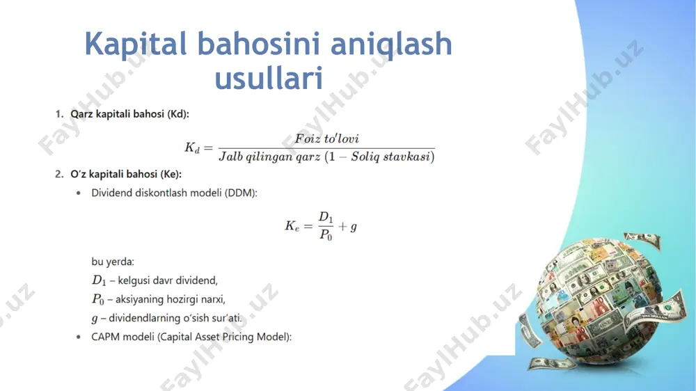 ahbariyati asosiy fondlarga eng muvozanatli investitsiya modelini yaratish istagini e'tiborsiz qoldirmasligi kerak. ushbu muammoni hal qilishning asosiy mezonlarini ko'rib chiqing find more powerpoint templates on prezentr.com! mutaxassislar quyidagi mezonlar roʻyxatini aniqlaydilar: samarali investitsiya rejalashtirish; asosiy vositalarni qurish va rekonstruksiya qilish boʻyicha eng texnologik loyihalarni, tayyor aylanma mablagʻlar boʻyicha ilgʻor yechimlarni izlash; investitsiyalarning iqtisodiy maqsadga muvofiqligi ustuvorligi; boshqa bizneslardan oʻrganish; asosiy kapitalga investitsiya qilish boʻyicha qaror qabul qilishda malakali mutaxassislarni jalb qilish. find more powerpoint templates on prezentr.com! find more powerpoint templates on prezentr.com! foydalanilgan adabiyotlar жумаев н.х. корхоналар молияси. – т.: молия, 2020. туленов ж., рахмонов а. инвестициялар ва молиявий менежмент. – тошкент: иқтисод-молия, 2019. брейли р., майерс с. принципы корпоративных финансов. – москва: вильямс, 2018. ross s.a., westerfield r., jaffe j. corporate finance. – new york: mcgraw-hill, 2021. brigham e.f., ehrhardt m.c. financial management: theory & practice. – cengage learning, 2020. damodaran a. the cost of capital: tools for …
