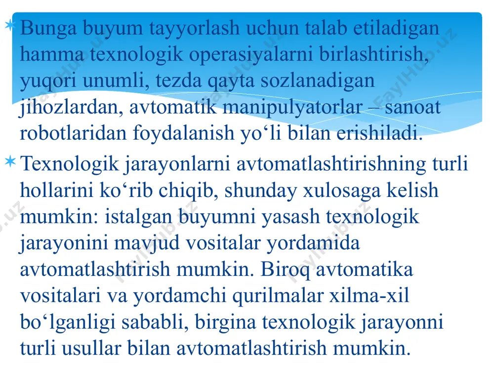 ketma-ket o’rnatiladi va yagona transport sistemasi bilan bog’lanadi. texnologik jarayonning ayrim bosqichlarida bir xil vazifani bajaruvchi stanoklar parallel o’rnatilishi mumkin. u yoki bu operatsiya bajarilayotganda zagotovkaga ishlov berish vaqtida farq bo’lib qoladigan hollarda kutish zonalari va zapas to’plash uchun rezerv zonalar ko’zda tutiladi. bu xolda odamning vazifasi jihozlarning ishlashini kuzatib turish, boshqarish va sozlashdan iborat bo’ladi. al stanoklarning turlariga qarab universal, agregataviy, ixtisoslashtirilgan, sdb stanoklarda tashkil topgan avtomatik liniyalarga bo‘linadilar. shu bilan birga rotoriy stanoklardan tuzilgan rotoriy avtomatik liniyalar ham qo‘llaniladi. hozir robotlashtirilgan avtomatik liniyalar ishlab chiqarishda keng qo‘llanilmoqda. al ko‘plab va yirik seriyali ishlab chiqarishlarda bir xil tipdagi detallarni ko‘p miqdorda tayyorlashga mo‘ljallangan. al da bir xil operasiyani bajaradigan stanoklar parallel ulanadilar. operasiyalar bajarilishida zagotovkaga stanokda ishlov berish vaqti bir – biridan farqi bo‘lganda stanoklar orasida kutish zonalari va zaxira to‘plash uchun maxsus to‘plash qurilmalari ko‘zda tutiladi. bunda odamning vazifasi texnologik jarayonni kuzatib turishdan hamda stanok va jixozlarni sozlashdan …