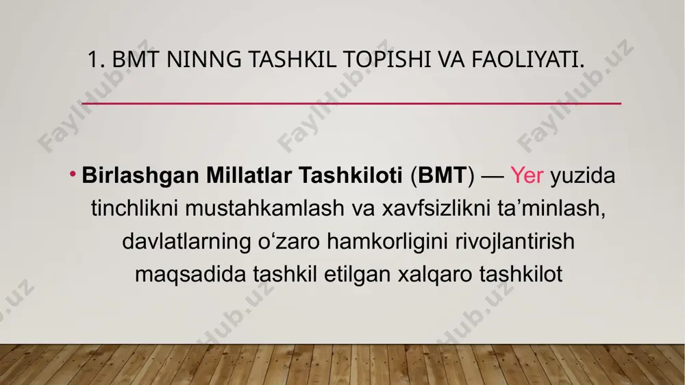 155 dan ortiq mamlakatning davlat va hukumat boshliqlari ishtirok etdi. mazkur anjumanda umumbashariy ahamiyatga ega boʻlgan ijtimoiy iqtisodiy, ekologiya va xavfsizlikka doir muammolar muhokama qilinib, yangi yuzyillikning dastlabki yillarida amalga oshirilishi moʻljallanayotgan tadbirlar belgilandi. sammit ishtirokchilari yakdillik bilan qabul qilgan deklaratsiyada 2015-yilgacha taʼminlashda, bosh assambleya va bmt boshqa organlari qarorlari amalda bajarilishida yordam beradi. kotibiyat quyidagi departamentlar va boshqarmalarga boʻlinadi: siyosiy masalalar va xavfsizlik kengashi ishlari departamenti, iqtisodiy va ijtimoiy masalalar departamenti, vasiylik va oʻz-oʻzini boshqarmaydigan hududlar departamenti, nazorat boshqarmasi, xodimlar boshqarmasi, bosh kotibning maʼmuriy idorasi, ijtimoiy axborot boshqarmasi, konferensiyalarga xizmat qilish boshqarmasi, umumiy xizmat boshqarmasi, bmtning jeneva boʻlimi. bmt sessiyasi yilda bir marta chaqiriladi. xavfsizlik kengashining yoki bmt aʼzolari koʻpchiligining talabi bilan har qanday masala yuzasidan maxsus sessiyalar chaqirilishi mumkin. o‘zbekistonning azo bo‘lishi. oʻzbekiston oʻz mustaqilligini eʼlon qilganidan keyin koʻp oʻtmay — 1992-yil 2-martda bmtga aʼzo boʻldi. shu kuni bmt bosh assambleyasi binosi oldida oʻzbekiston respublikasining davlat bayrogʻi koʻtarildi. …