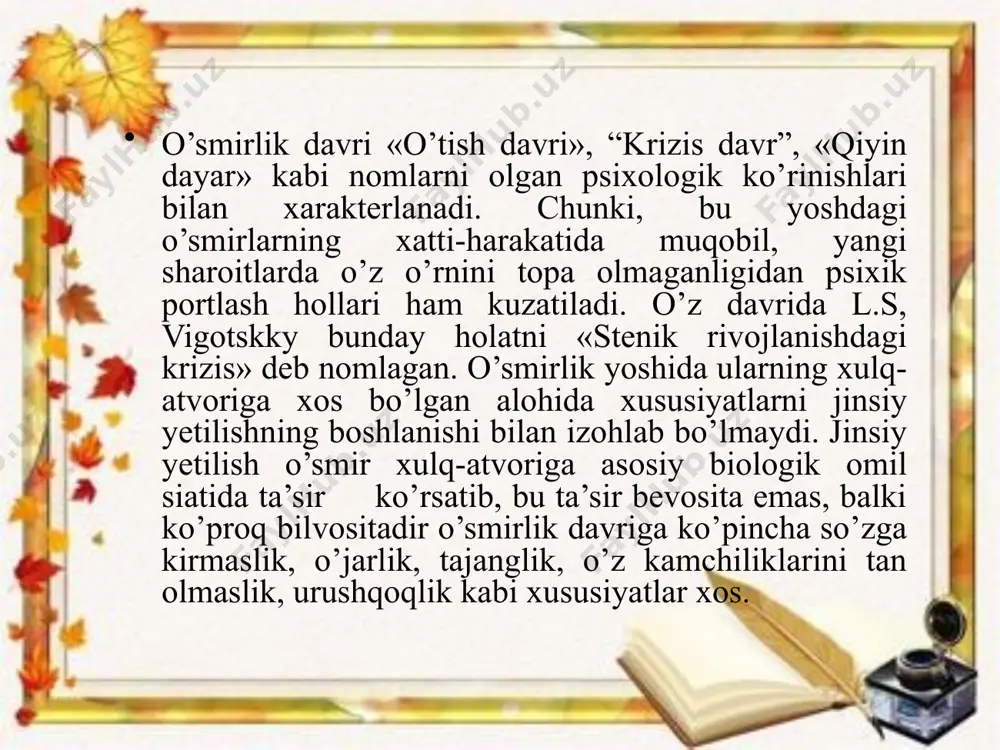 nday o’smirlar shaxsiy qarashi, o’zgalarga baho berishi axloq ehtiyojlarini maktab, oila va jamoatchilik fikriga qarshi qo’yadilar. mustaqil ijodiy fikr yuritish, o’z-o’zini nazorat qilish, o’z-o’zini tanqid qilish singari shaxs sifatlarini shakllantirishga e’tibor berish zarur. yo’l qo’ygan kamchiliklarini dalillar asosida ko’rsatib berish, qayta tarbiyalashda muhim ahamiyat kasb etadi. tarbiyasi qiyin o’smirlarni guruhlarga ajratish maqsadida, individual suhbatlashish ularning savol varaqasini to’ldirishga o’rgatish. ularni uzluksiz ravishda kuzatib borish. yozgan bayon yoki insholarni tahlil qilish, shaxsiy hujjatlarini izchil o’rganish, sinf rahbari yoki tarbiyachining kundalik daftarini yuritish, muammoli yoki «konflekt» li vaziyatni vujudga keltirish asosida tajriba o’tkazish, individual shaxsda yoki jamoada qanday o’zgarishlar ro’y berishini muttasil kuzatib borish, ularni qayta tarbiyalash uchun muhim imkoniyatlar yaratadi. muloqotni kutish — murakkab o`ziga xos holat bo`lib, bunda o`smir shartli va shartsiz ravishda qiziqarli va muhim, takrorlanmas uchrashuv va muloqotni kutadi. shu sababdan ular ota-onalari, atrofidagi kattalar va umuman boshqalarga diqqat va qiziqish bilan qaraydilar. muloqot ko`payishi natijasida do`stlik kelib …