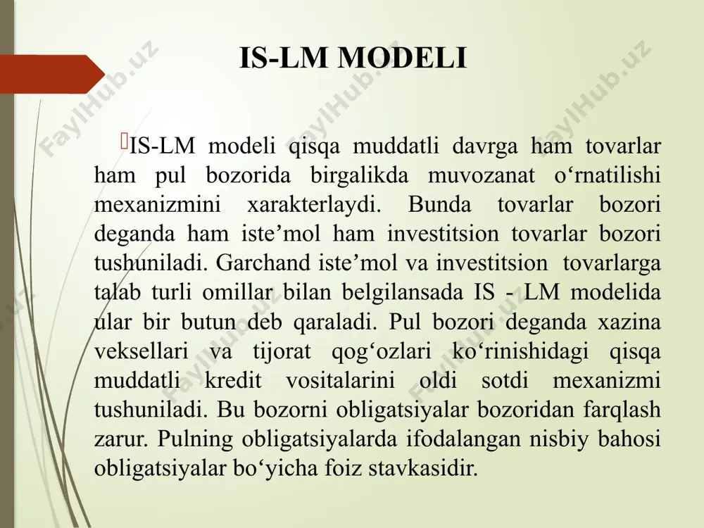 oʻzaro teng boʻladi. lm r r* y* y is is – lm modelidagi iqtisodiy muvozanat bu yerda : r* -muvozanatli foiz stavkasi; y*- muvozanatli daromad hajmi. is va lm egri chiziqlarining oʻzaro kesishishi pul taklifi investitsiyalar va jamgʻarmalarni oʻzaro tenglashtiruvchi foiz stavkasi shakllanishi uchun yetarli ekanligini anglatadi e’tiboringiz uchun rahmat image1.jpg image2.jpg image3.emf /docprops/thumbnail.jpeg