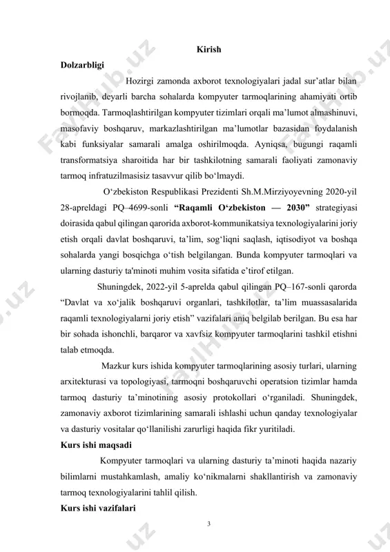 ish imkoniyatlarini beruvchi qurilmalar majmuyiga kompyuter tarmoqlari deyiladi. kompyuter tarmoqlari kompyuterdan turli masalalarni hal qilishda foydalanish mumkin. axborot almashish uchun magnit va kompakt disklardan foydalanish yoki boshqa kompyuterlar bilan umumiy tarmoqqa ulanish kerak bo'ladi.kompyuterlarning o'zaro axborot almashish imkoniyatlarini beruvchi qurilmalar majmuyiga kompyuter tarmoqlari deyiladi. tarmoqning asosiy imkoniyatlari tarmoqqa ulangan kompyuterlar va axborot ashyolariga bog'liq. axborot ashyolarideganda arxiv, kutubxona, fondlar, ma'lumotlar ombori va boshqa axborot tizimlaridagi hujjatlar yig'indisi tushuniladi. tarmoqdagi kompyuterlarda saqlanayotgan axborot ashyolariga ushbu tarmoqqa ulangan boshqa kompyuterlar yordamida kirish mumkin. kompyuterlarni tarmoqqa ulash usullari ko'rsatilgan. kompyuterlar soniga qarab, tarmoqlar lokal, mintaqaviy va global tarmoqlarga bo'linadi. lokal tarmoqlar bir binoda yoki bir-biriga yaqin binolarda joylashgan kompyuterlarda o'zaro axborot almashish imkonini beruvchi tarmoq hisoblanadi 1-2-rasm: lokal tarmoq bunday tarmoqlarda axborot almashinish aloqa kabellari (ba'zan telefon tizimi yoki radiokanal) orqali amalga oshiriladi. bunda foydalanuvchilar tarmoqqa ulangan kompyuterlardagi ma'lumotlarni birgalikda qayta ishlash va ma'lumotlarni ayirboshlash va dastur, chop etish qurilmasi, modem va boshqa …