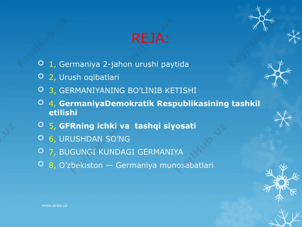 deyarli kultepaga aylandi.. hokimiyat g'olib davlatlar harbiy ma'muriyati qo'liga o'tdi. bu ma'muriyatni okkupatsiya qiluvchi qo'shin bosh qo'mondoni boshqardi. germaniyaning bo’linib ketishi «sovuq urush» ning boshlanishi germaniya taqdi-riga ta'sir etmay qolmadi. potsdam konferensiyasi qarorlari bajarilmadi. germaniya muammosi aqsh va sssr manfaatlari keskin to'qnashgan muammoga aylandi. bu to'qnashuv germaniyaning bo'linib ketishini muqarrar qilib qo'ydi. yangi sharoitda aqsh germaniyani g'arbning ishonchli tayanchiga aylantirishga intildi. shuning uchun ham sssrning kechagi ittifoqchilari germaniyaning iqtisodiy qudratini susaytirish maqsadidan voz kechdilar. g'arbiy germaniyadan tovon evaziga sanoat korxonalarini olib chiqib ketish to'xtatildi. (u atigi 5 foizga bajarilgan edi, xolos.) «marshall rejasi» ishlab chiqilayotganida aqsh unga g'arbiy okkupatsiya zonalarini qo'shishga muvaffaq bo'ldi. chunki, endi g'arb uchun iqtisodiy jihatdan qudratli germaniya nihoyatda zarur edi. tovon to'lashning to'xtatib qo'yilishi sssr va uning kechagi ittifoq­chilari o'rtasidagi munosabatni yanada keskinlashtirdi. buning ustiga, g'arb davlatlari o'zlarining okkupatsiya zonalarini birlashtirdilar va unda 1948-yilning 20-iyunida separat pul islohoti o'tkazdilar. reyxs marka o'miga nemis markasi joriy etildi. …